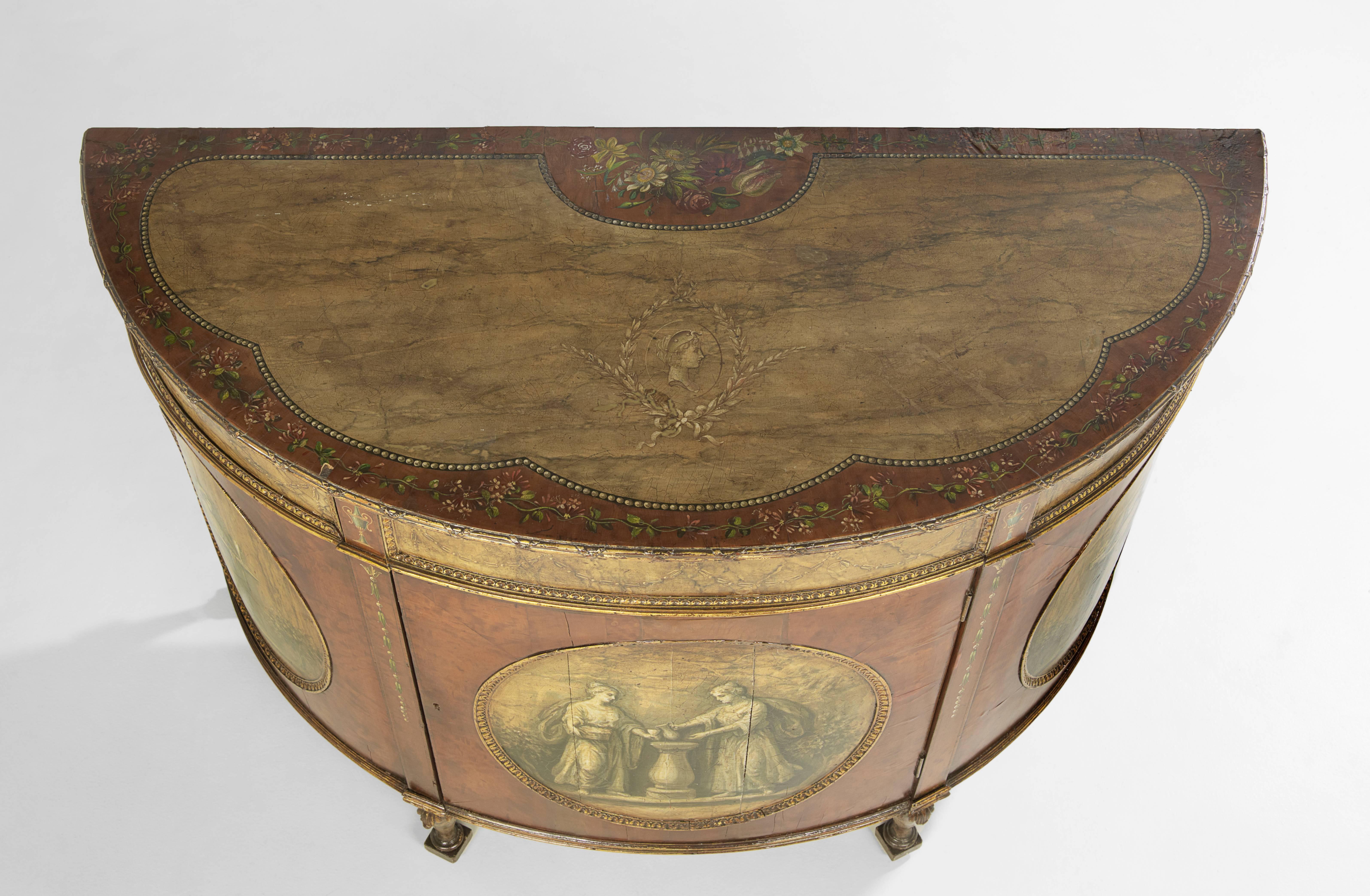 Veneer  Painted Demilune Commode For Sale