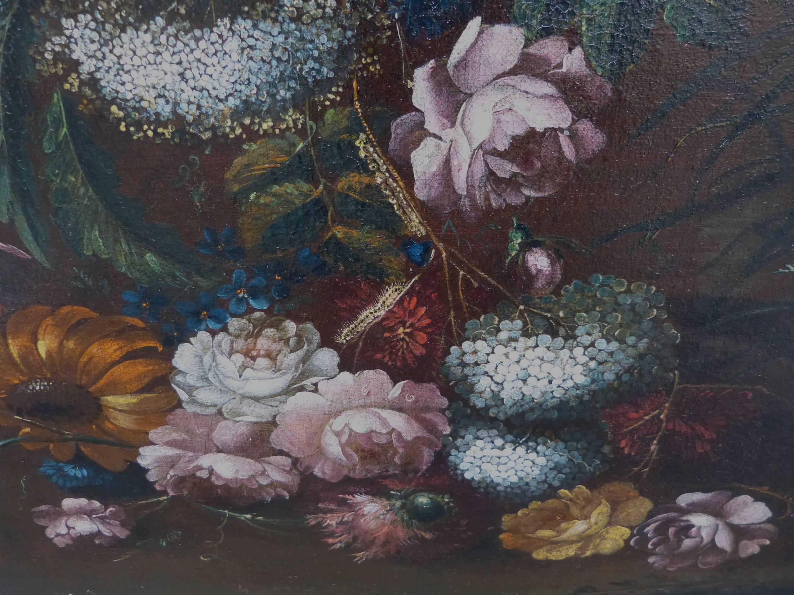 A fine 17th century rococo still life painting of an abundance flowers and caterpillars.
Bottom right side detail showing a typical plant Marchioni used in some of her still life paintings. For two examples, see 