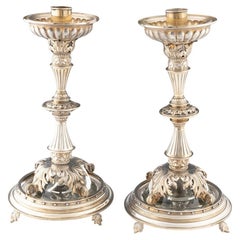 Vergoldete Silber-Kerzenhalter mit Glas-Tropfschalen