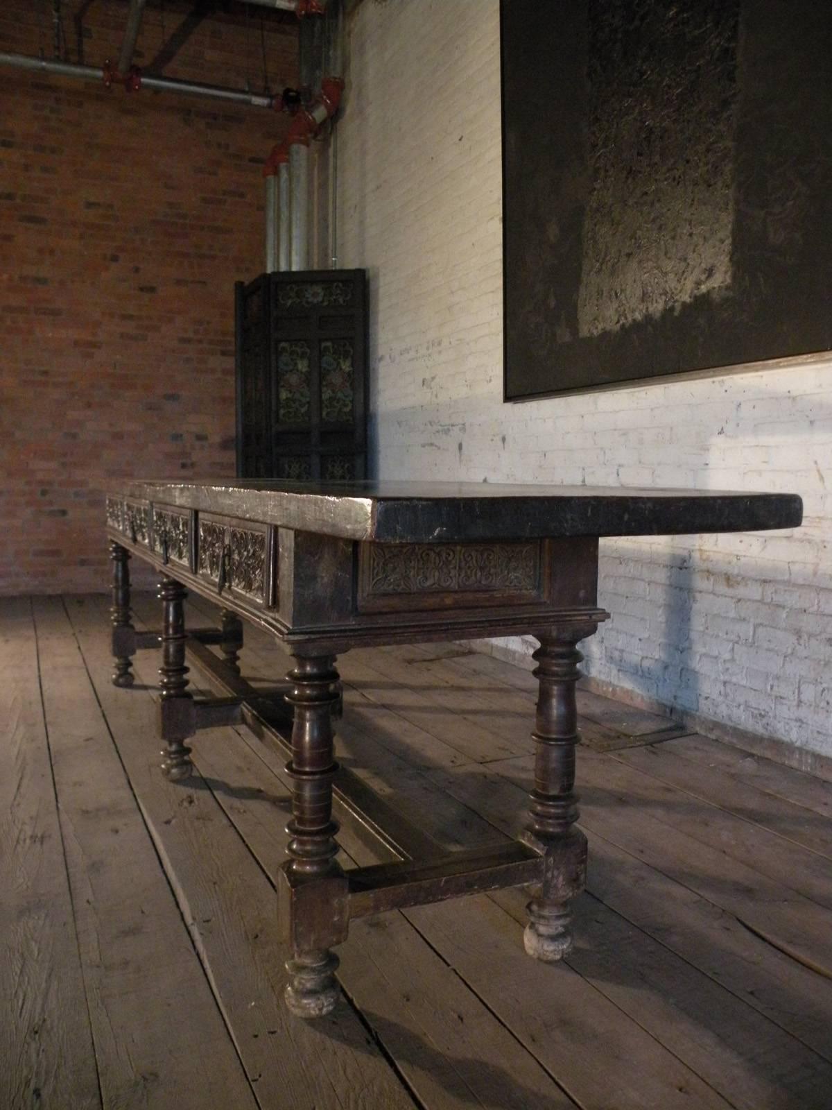 Carved 17th Century Baroque Spanish Walnut long, narrow Center or Console Table For Sale