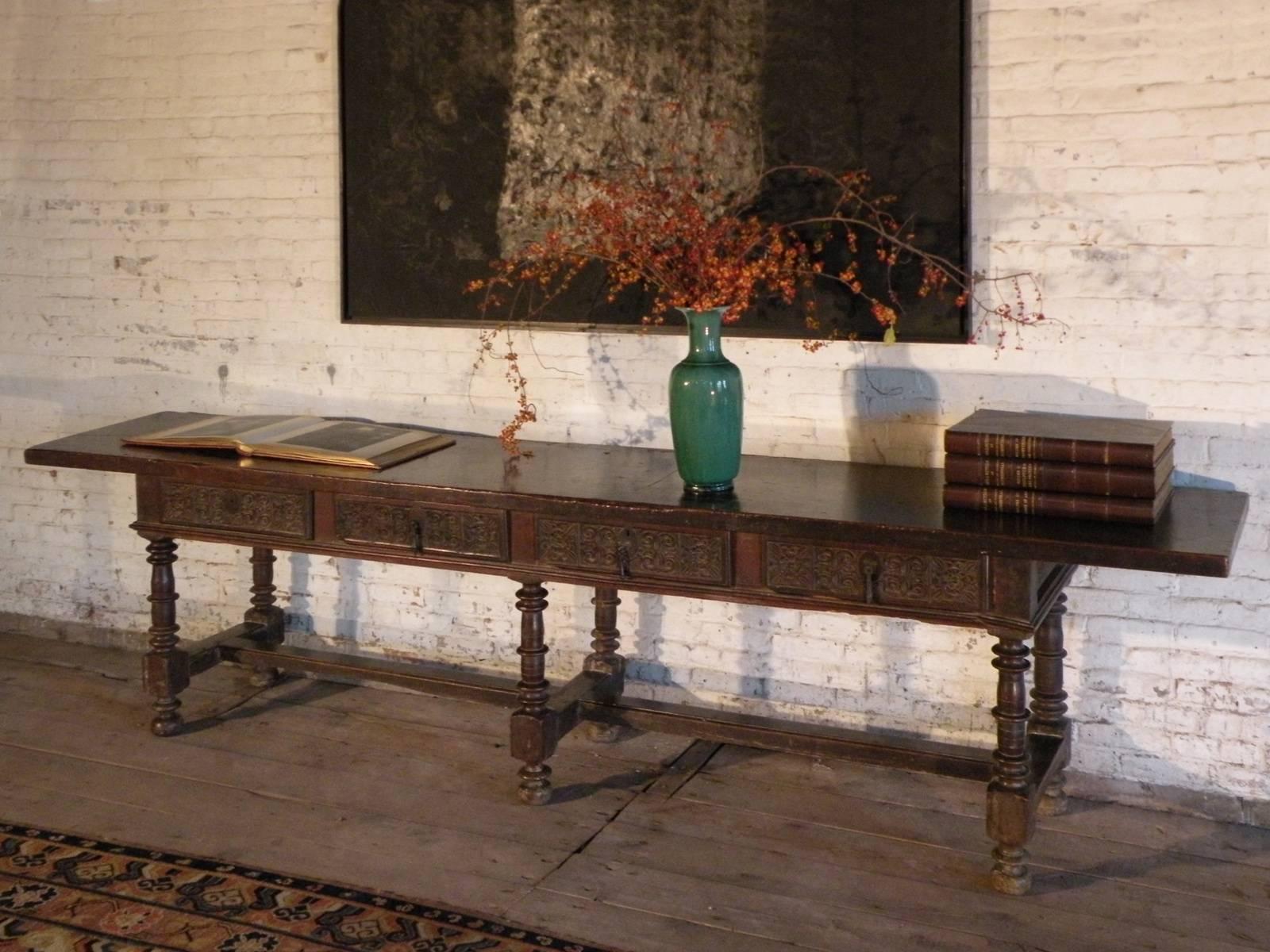 Wrought Iron 17th Century Baroque Spanish Walnut long, narrow Center or Console Table For Sale
