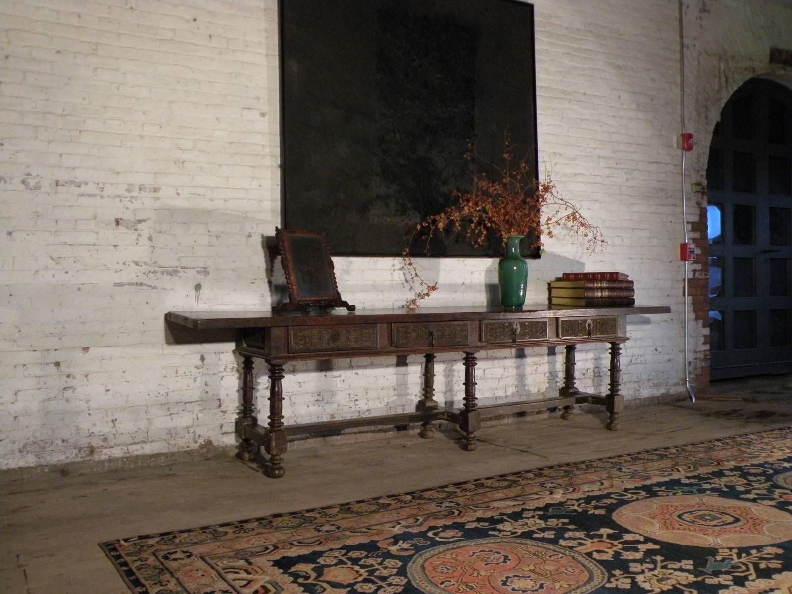 17th Century Baroque Spanish Walnut long, narrow Center or Console Table For Sale 1