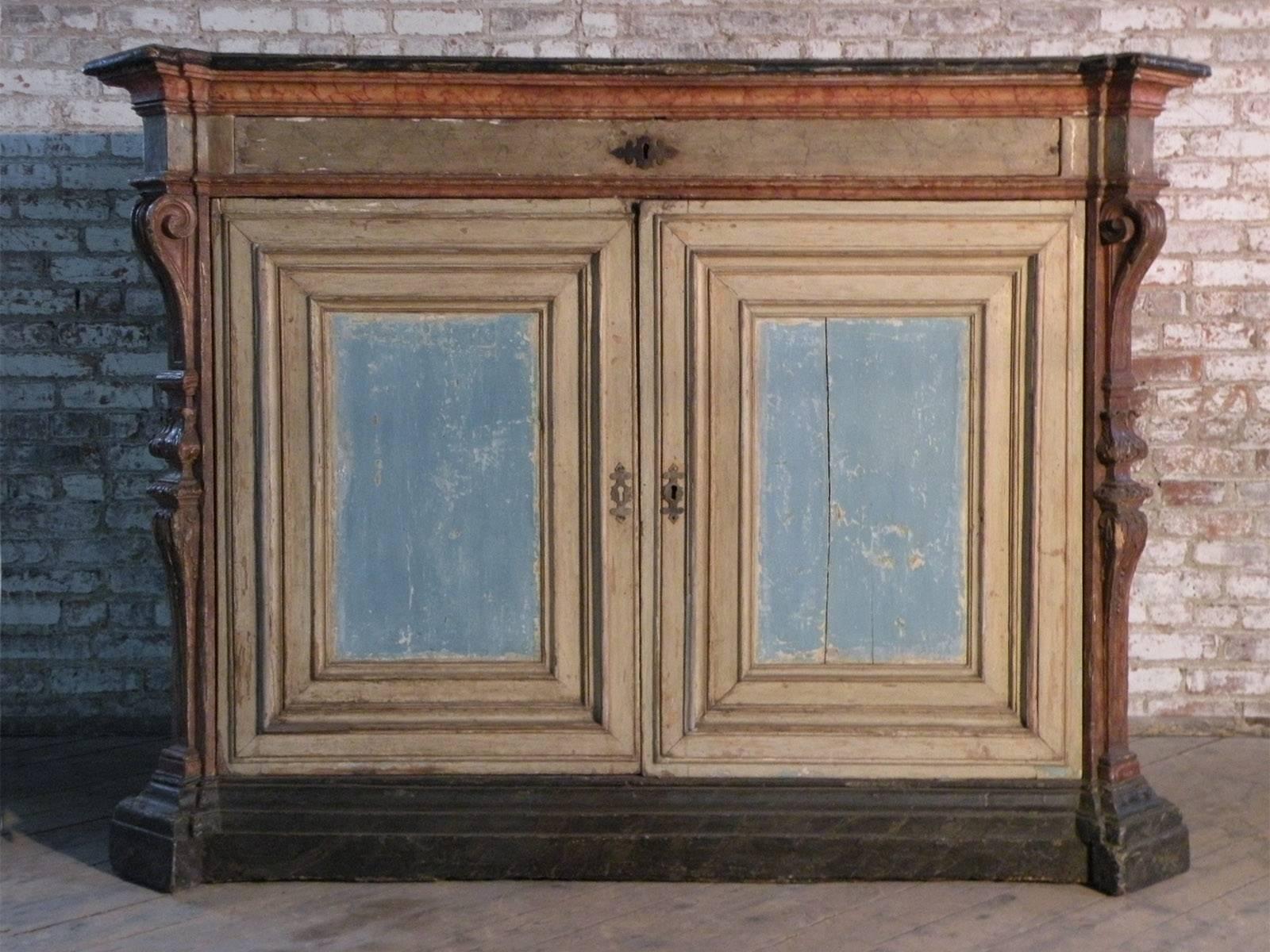 Softwood Large Italian Baroque 17th century Painted Cabinet Fitted with Drawers For Sale