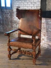 Swedish Baroque 17th Century Leather-Covered Wing Back Armchair