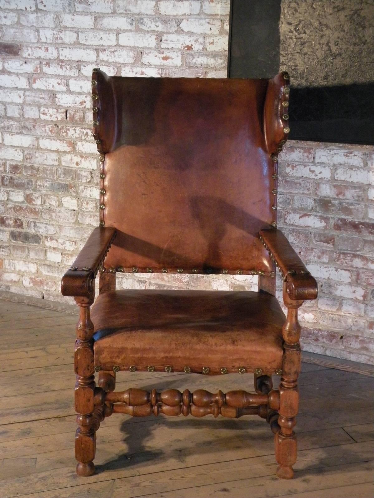 Swedish Baroque 17th Century Leather-Covered Wing Back Armchair In Good Condition For Sale In Troy, NY