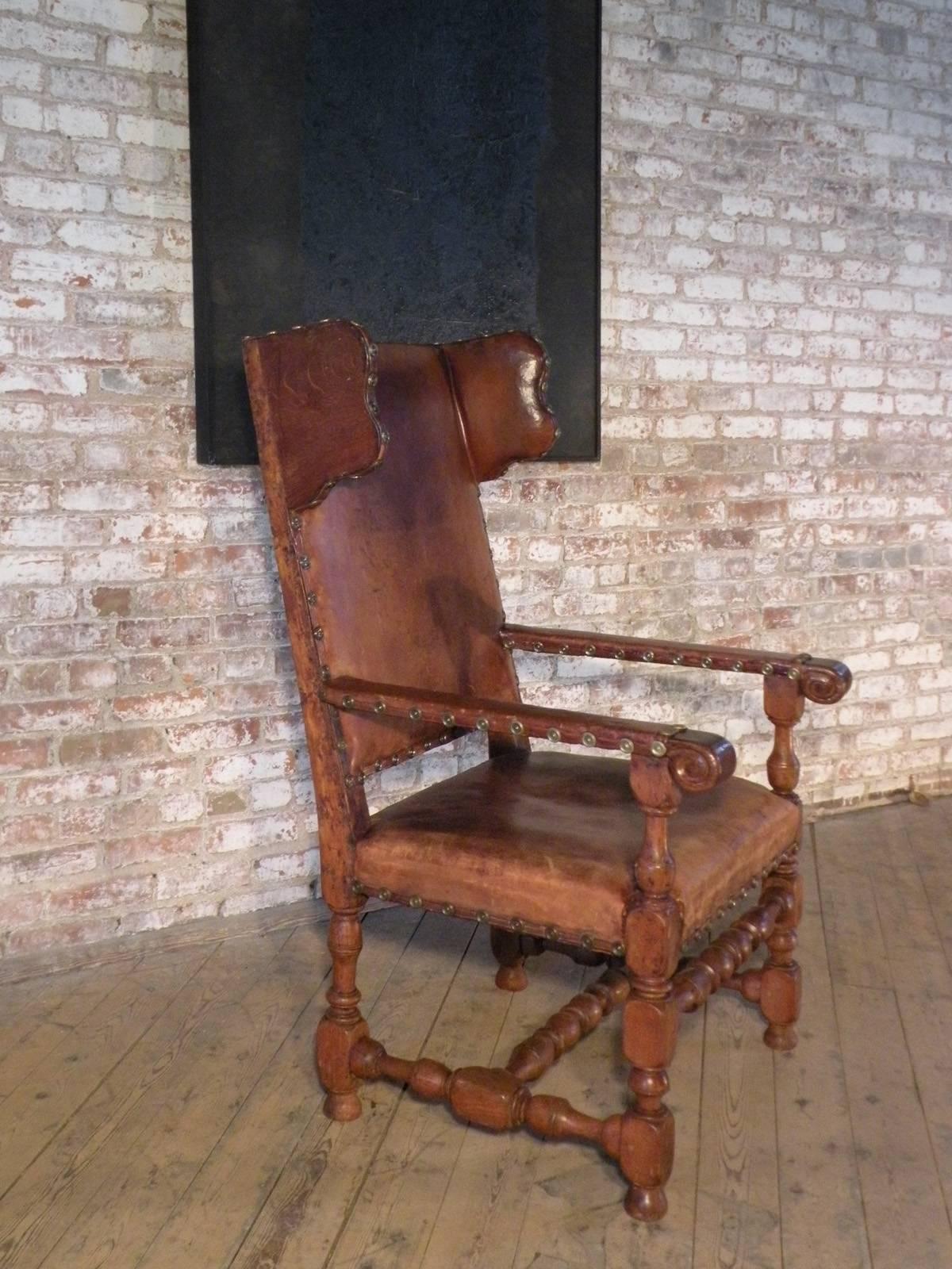 18th Century and Earlier Swedish Baroque 17th Century Leather-Covered Wing Back Armchair For Sale