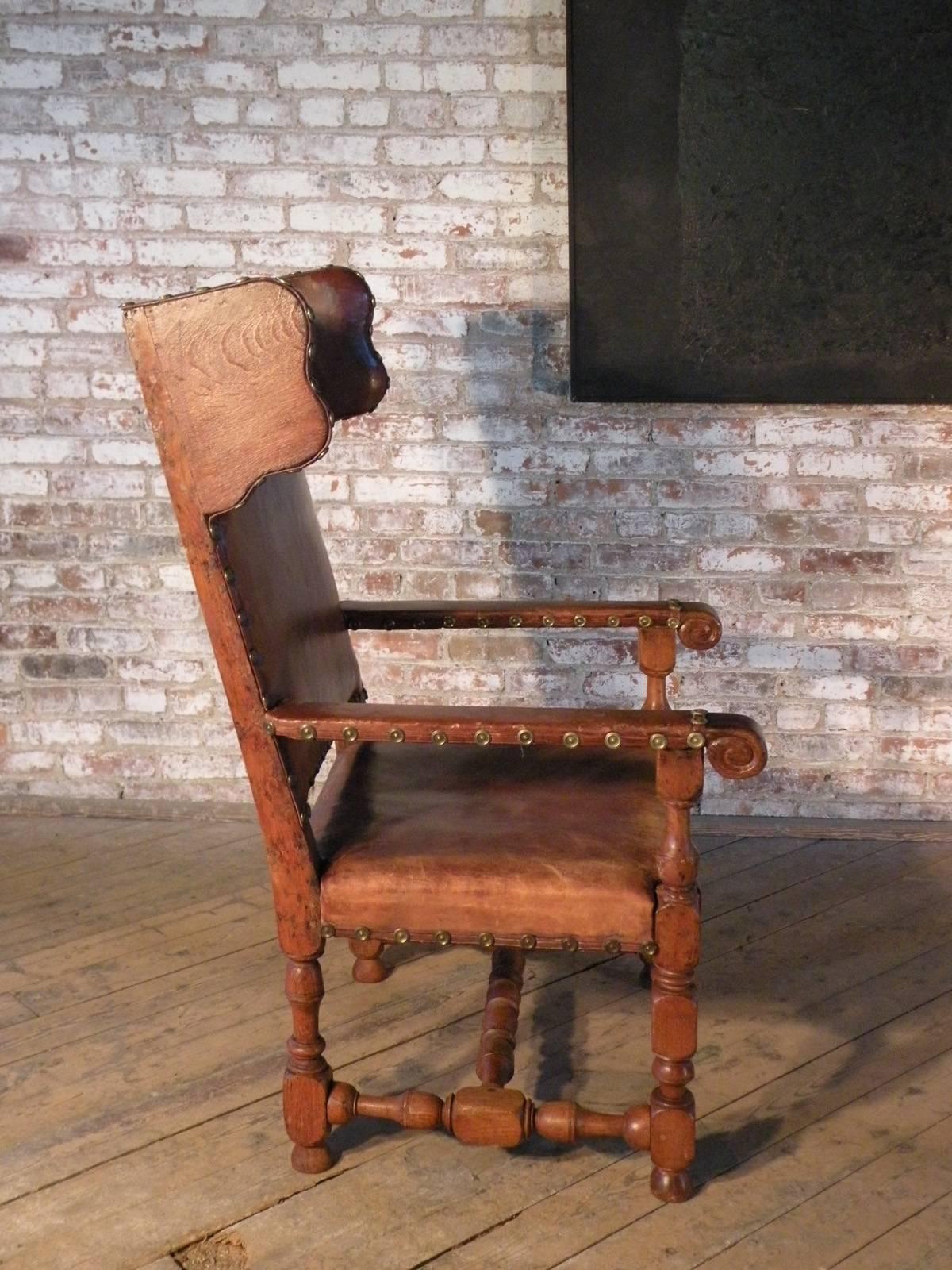 Swedish Baroque 17th Century Leather-Covered Wing Back Armchair For Sale 1