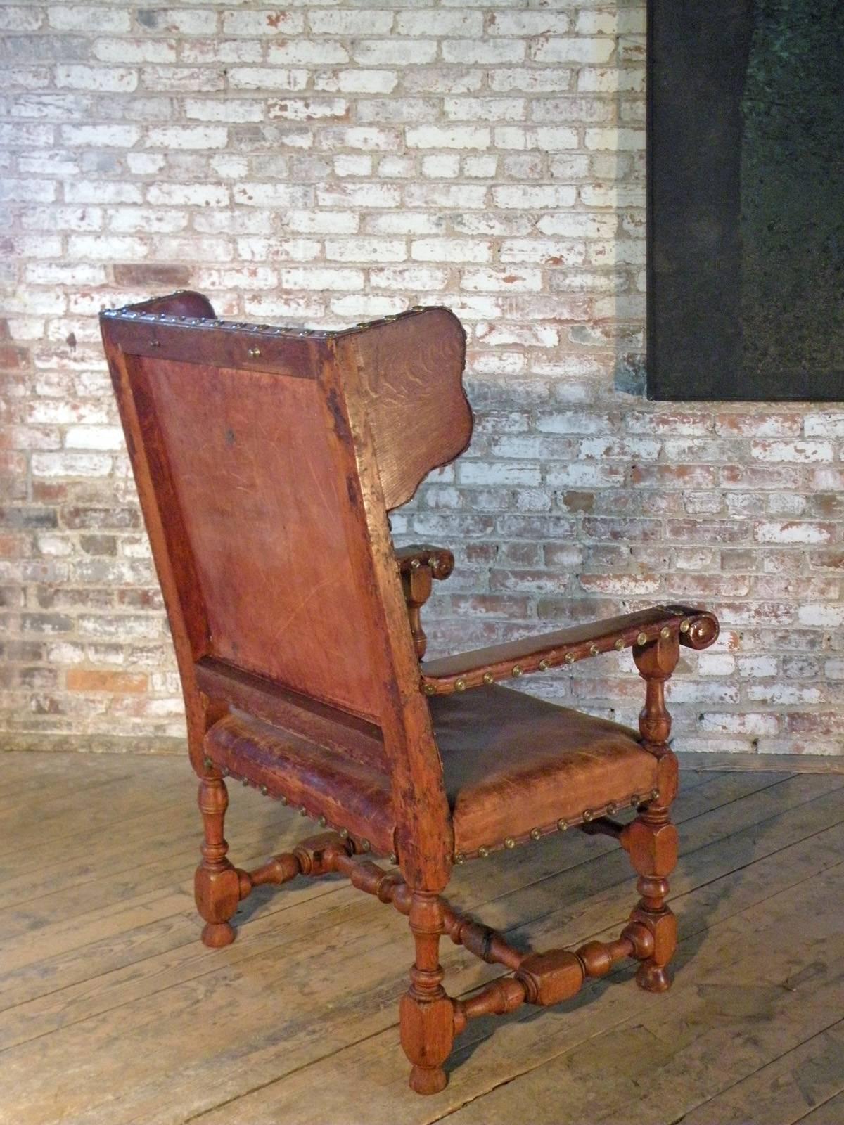 Swedish Baroque 17th Century Leather-Covered Wing Back Armchair For Sale 2