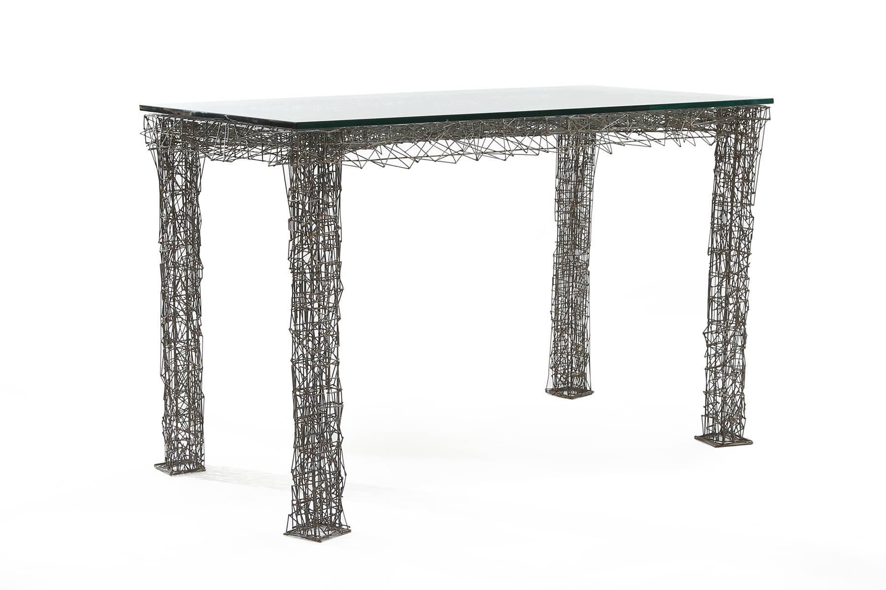Important William de Lillo wire rod console or dining table, circa late 1970s. William de Lillo worked with Tiffany, Harry Winston and Miriam Haskell and exhibited his jewelry and furniture internationally. This signed one-off example is masterfully