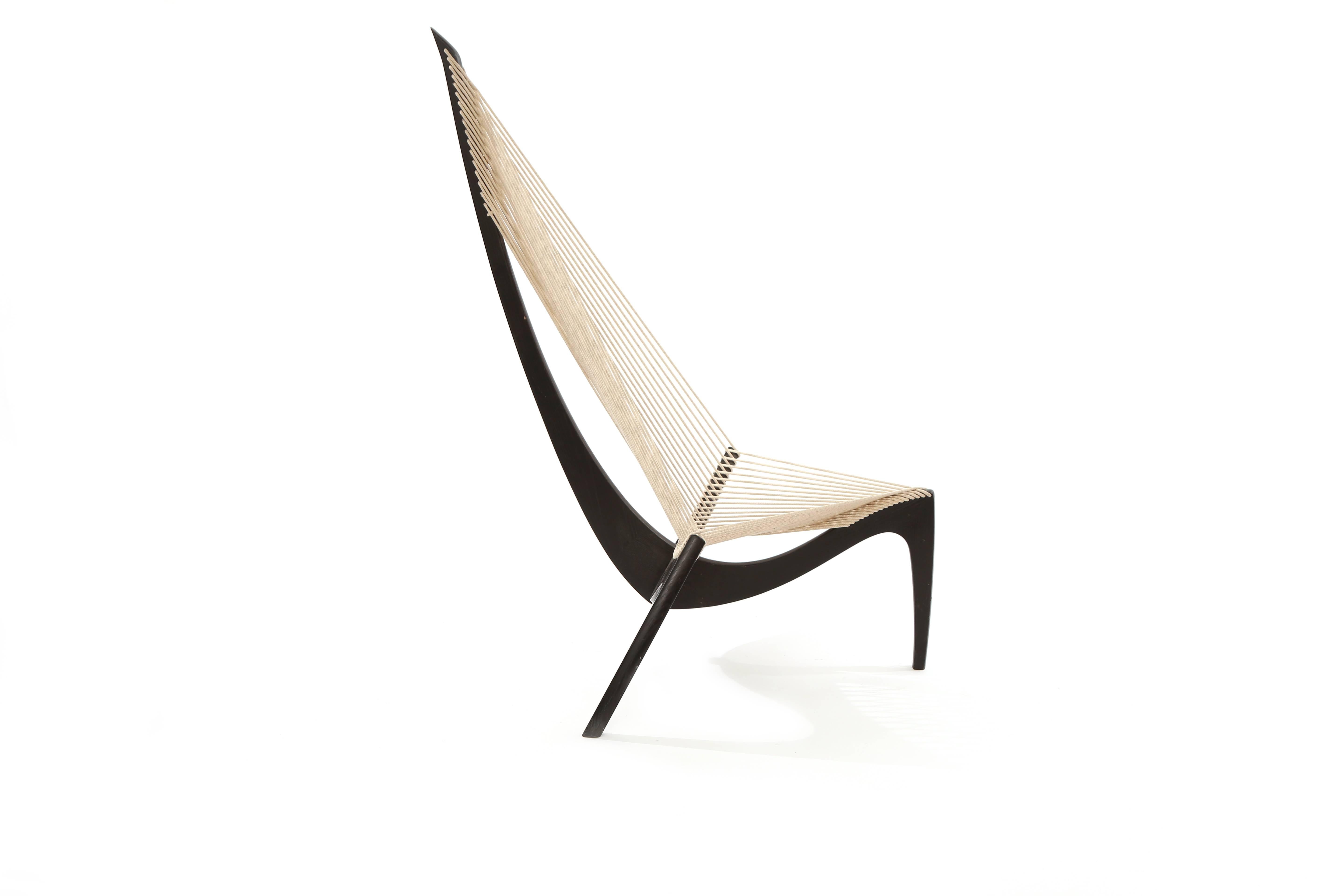 Jorgen Hovelskov harp chair form 1968. This example retains its original ebonized ash finish and has been newly and masterfully been rewoven in period correct flag halyard.