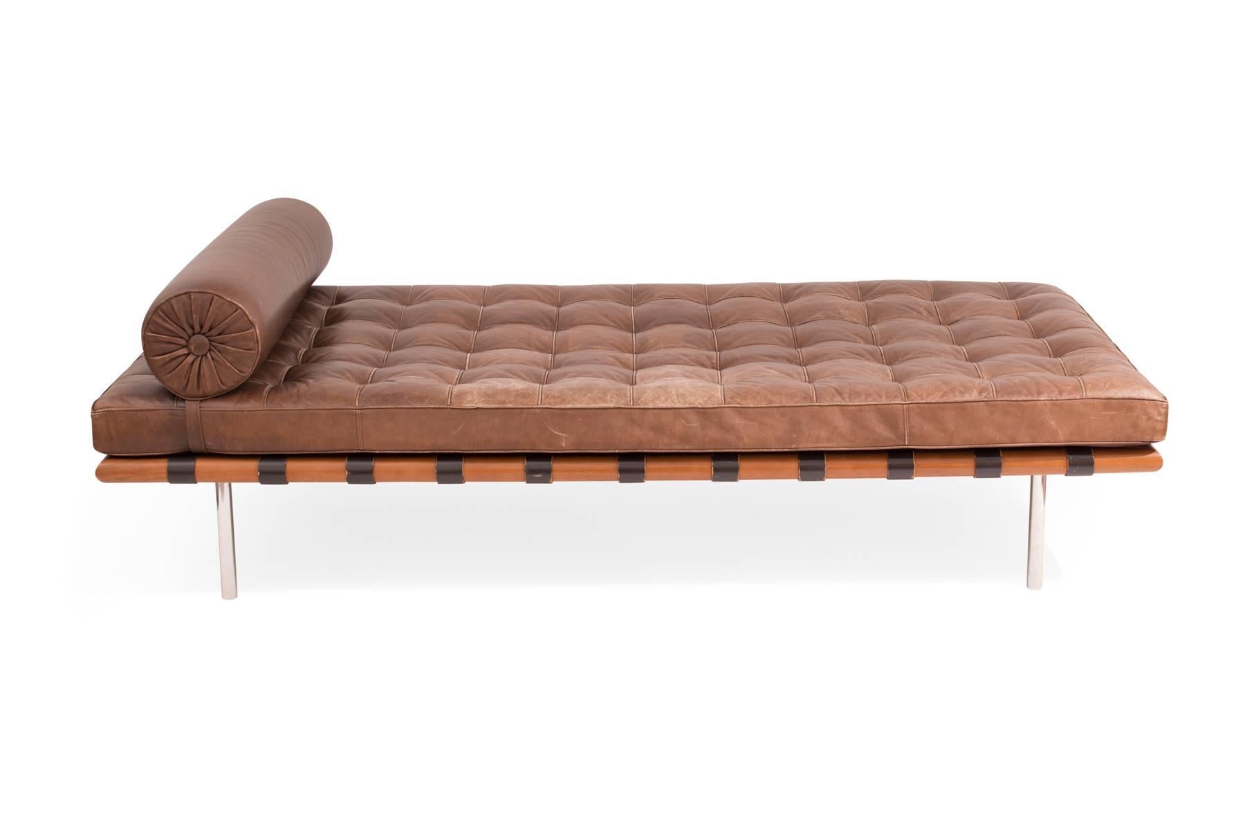 Mies van der Rohe for Knoll Barcelona daybed, circa early 1970s. This all original example is done in a beautifully patinated milk chocolate leather over walnut and retains its early Knoll label.