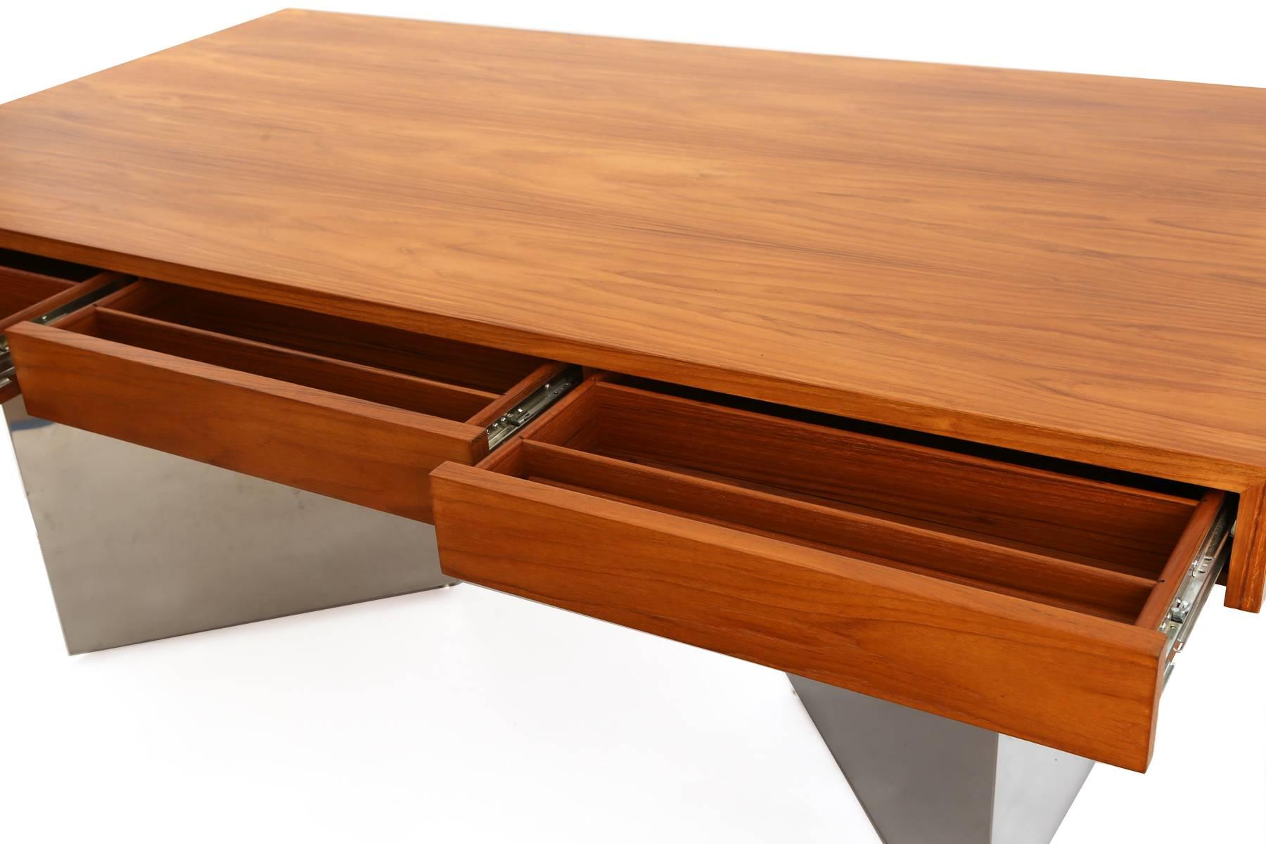 Stunning Teak and Polished Steel Desk by Pace In Excellent Condition In Phoenix, AZ