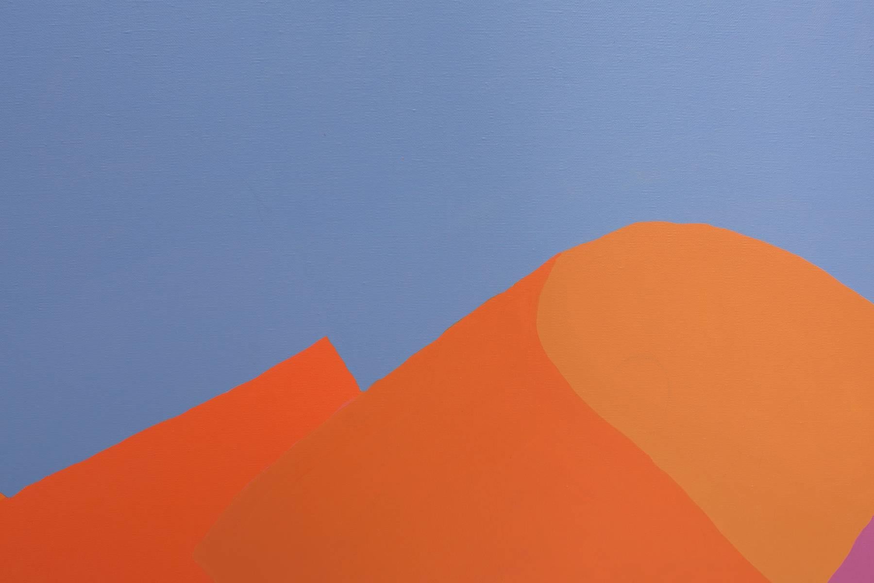 Jackie Carson hard edge acrylic painting, circa late 1970s. This example of vibrant candy color hues is a wonderful abstract representation of the dessert sky and glow of the mountains typically seen in the southwest. 
Please see Red's other