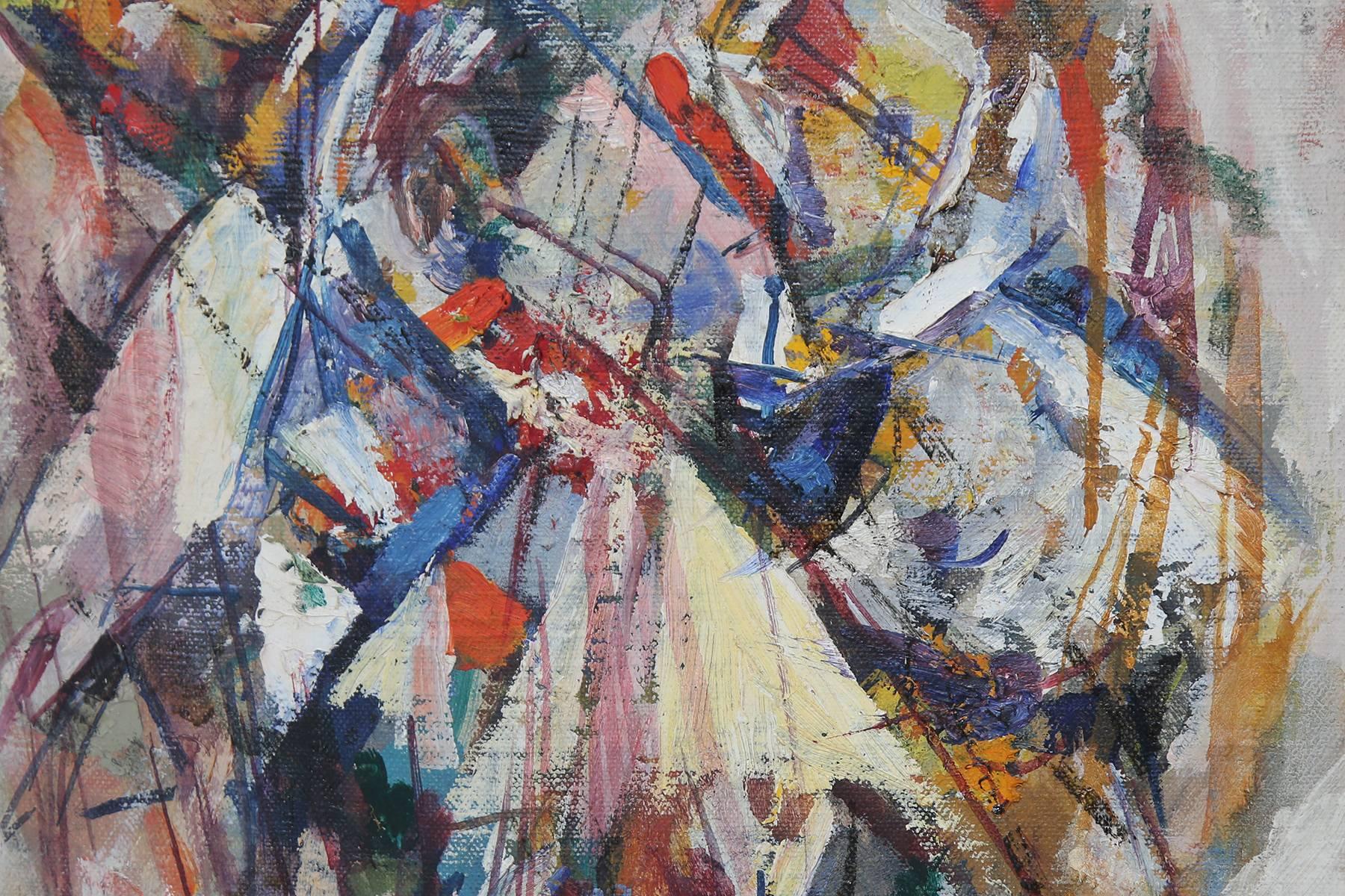 William Meyerowitz abstract oil on board, circa late 1950s. This lovely example seamlessly mixes movement and layering of color. Signed.