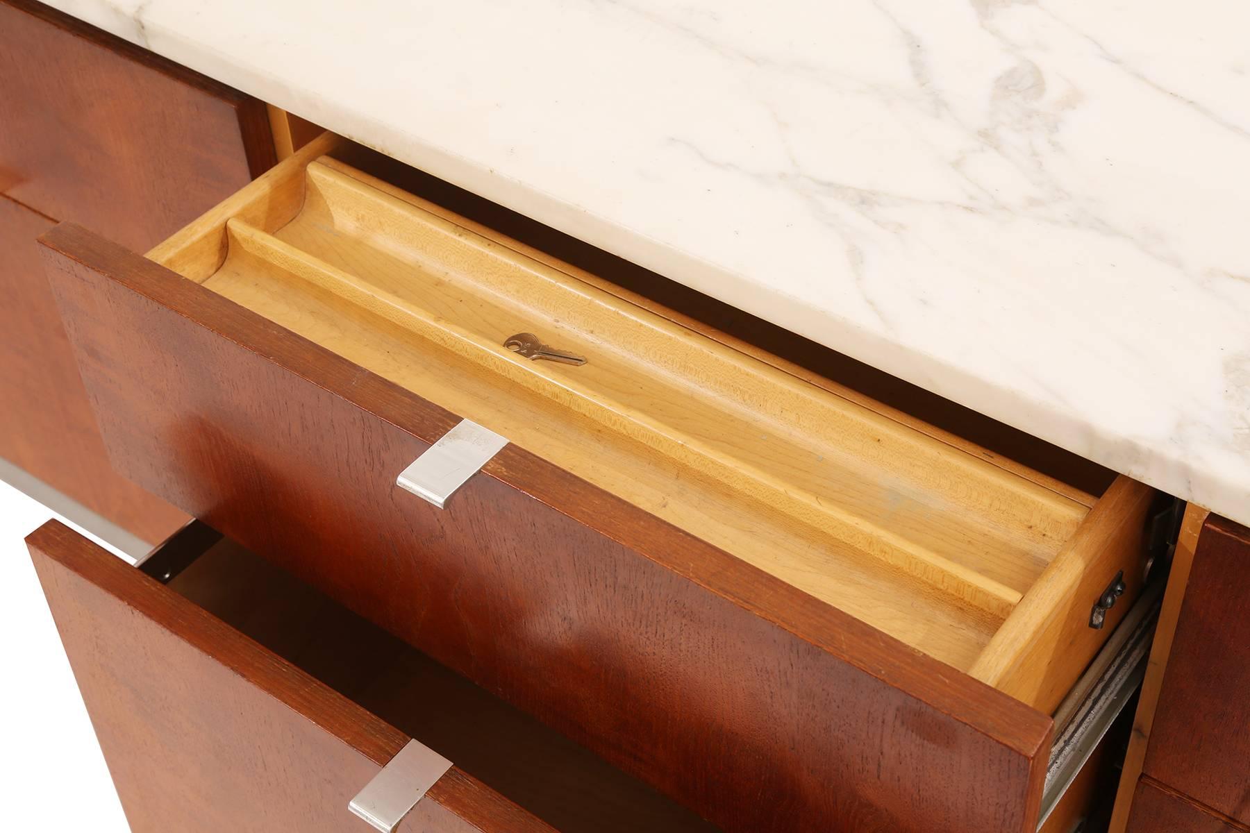 Custom Florence Knoll Calacatta Marble and Cherry Credenza In Excellent Condition In Phoenix, AZ