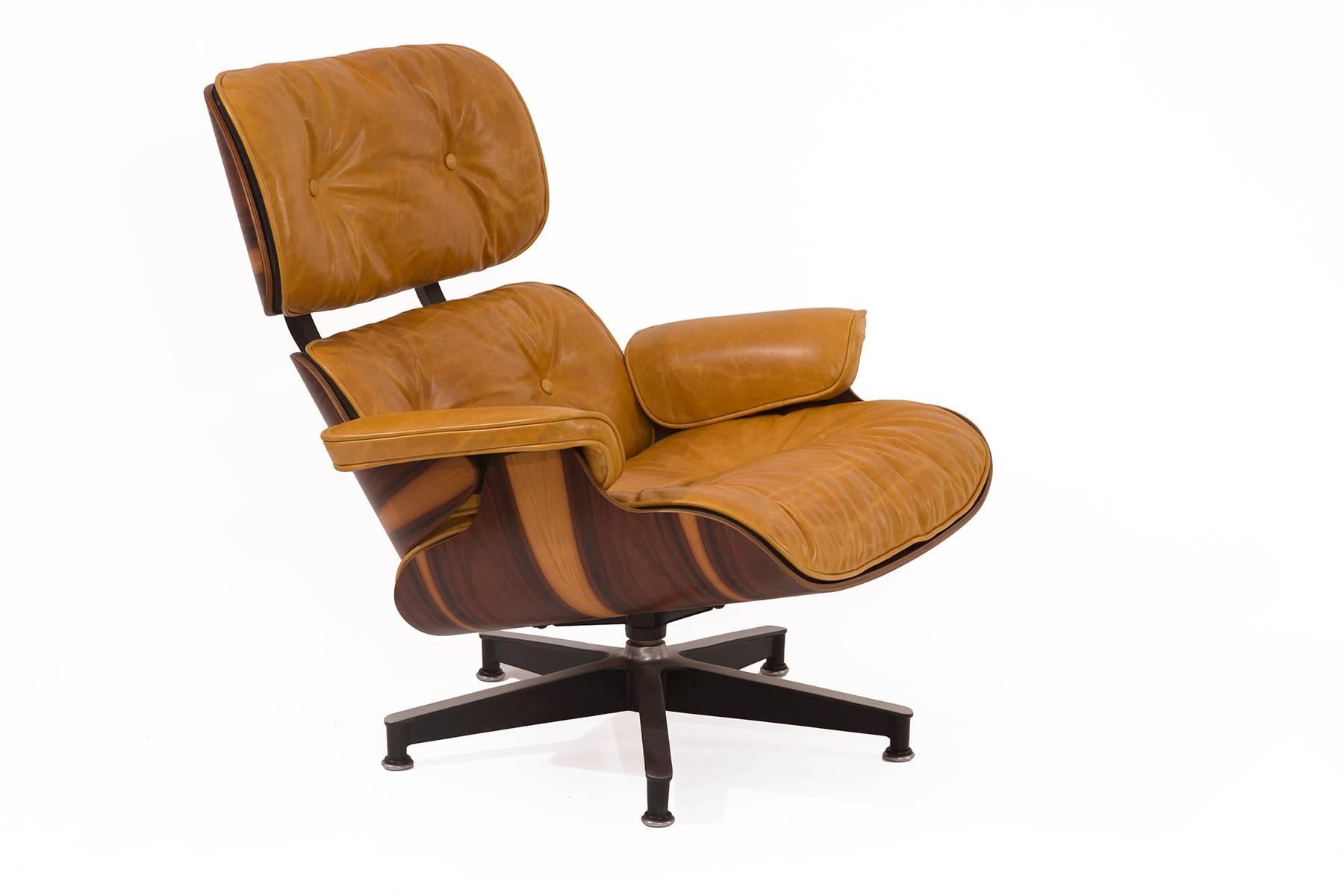 Mid-Century Modern Custom Butterscotch Leather and Rosewood Eames Lounge Chair and Ottoman