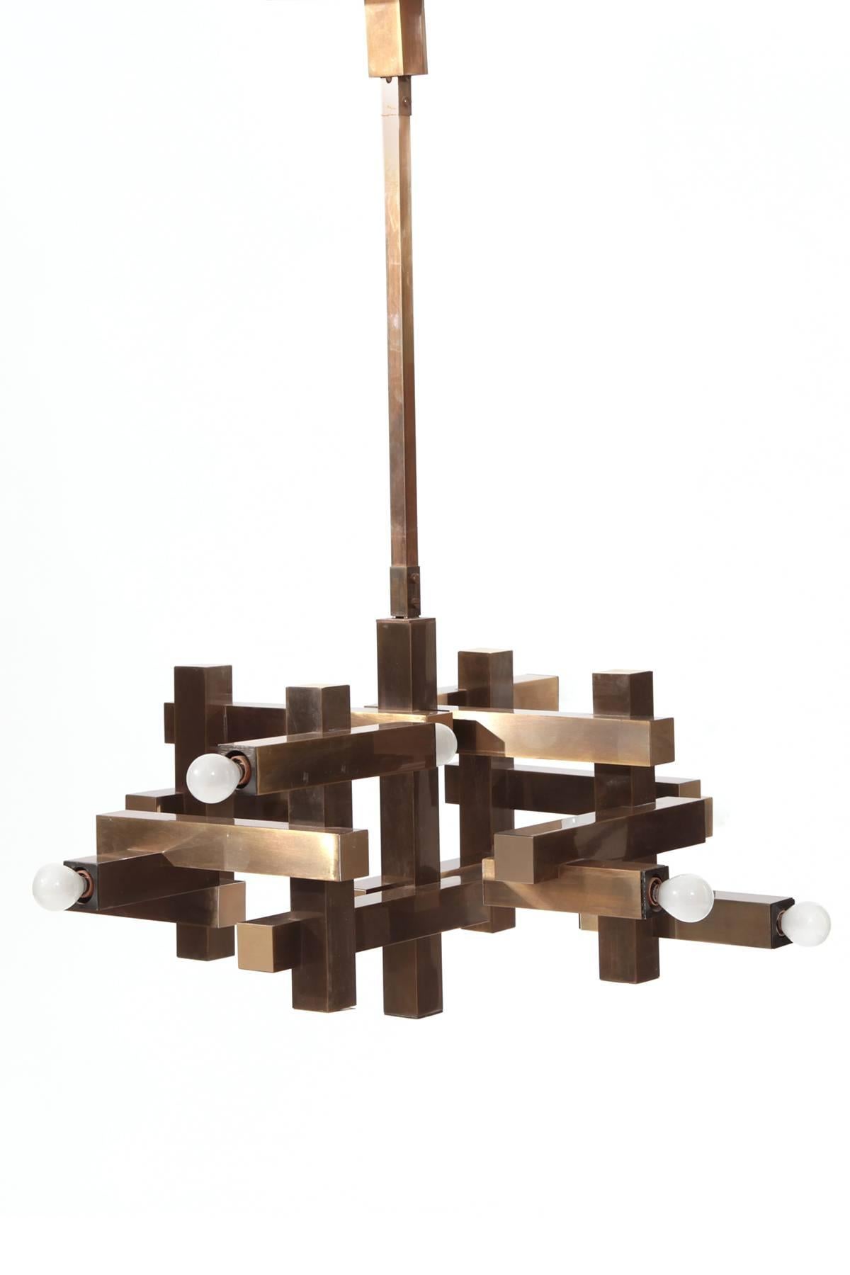 Gaetano Sciolari for Lightolier bronze hanging lamp circa mid 1960's. This phenomenal example has a deep bronze finish with arms and supports going both vertically and horizontally.