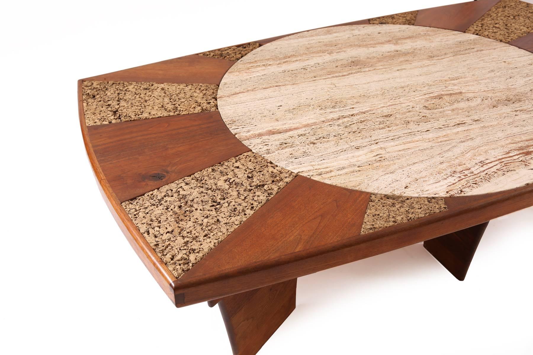 Mid-Century Modern Custom Walnut Limestone and Cork Studio Cocktail Table