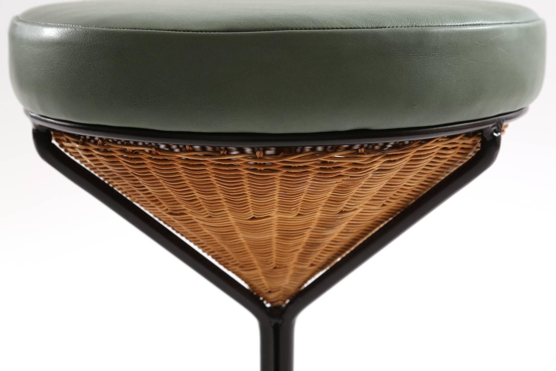 Mid-Century Modern Danny Ho Fong for Tropi-Cal Wicker Iron and Leather Stools