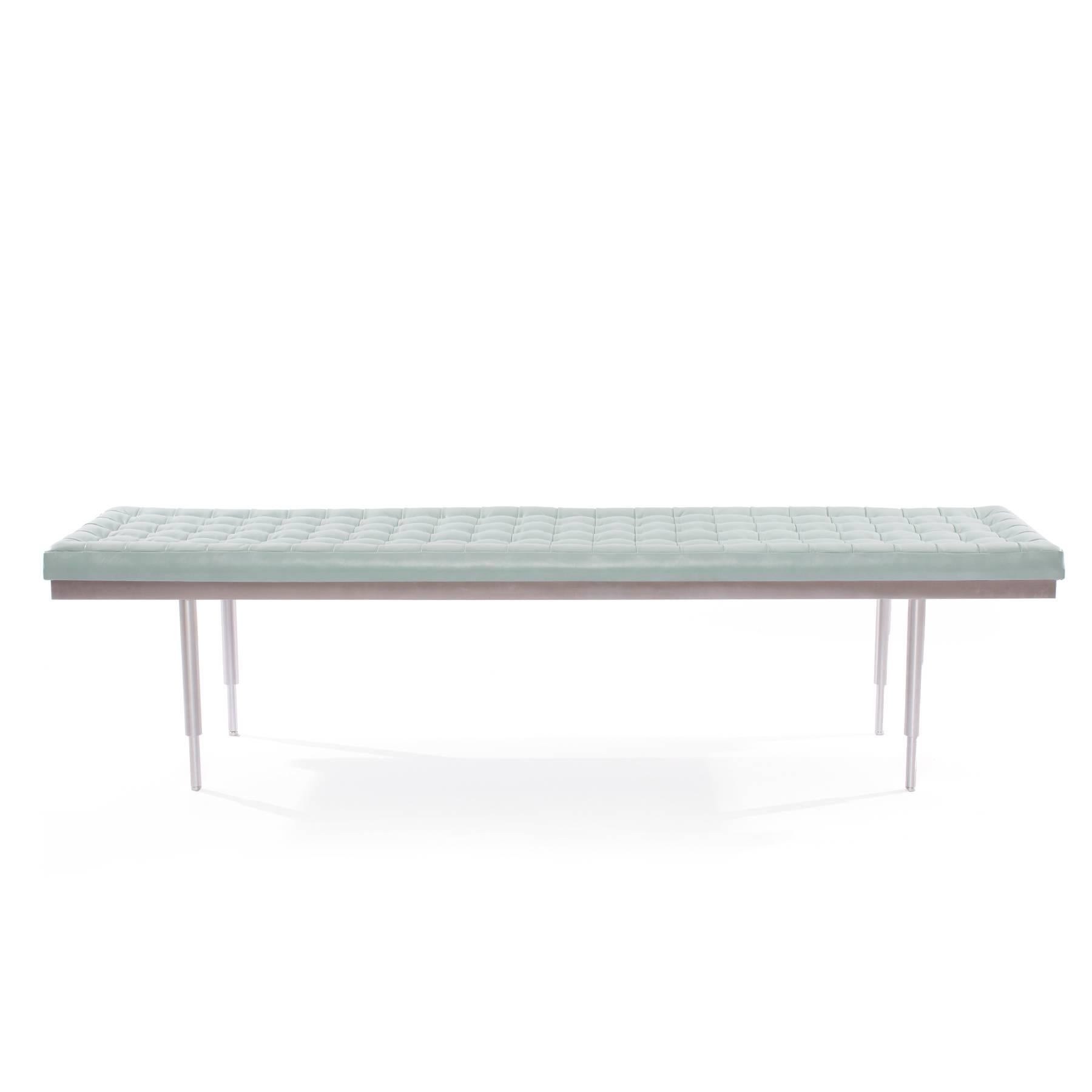 Micro tufted leather and aluminum bench circa late 1970's. This example has satin finished aluminum legs and stretchers and has been newly upholstered in a buttery soft powder blue leather. 