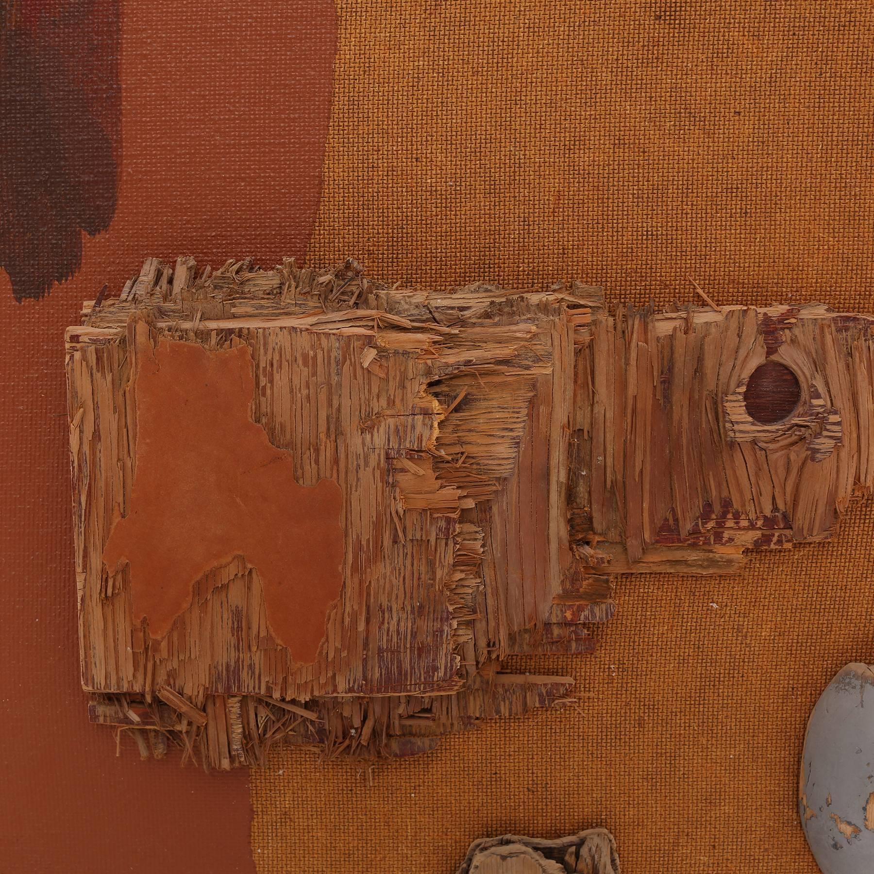 Mixed-media hard edge painting and assemblage by Jackie Carson, circa late 1970s. This unusual example for Carson is executed on board and mixes earth tones with fragments of wood. Please see Red's other listings for more works by Carson.