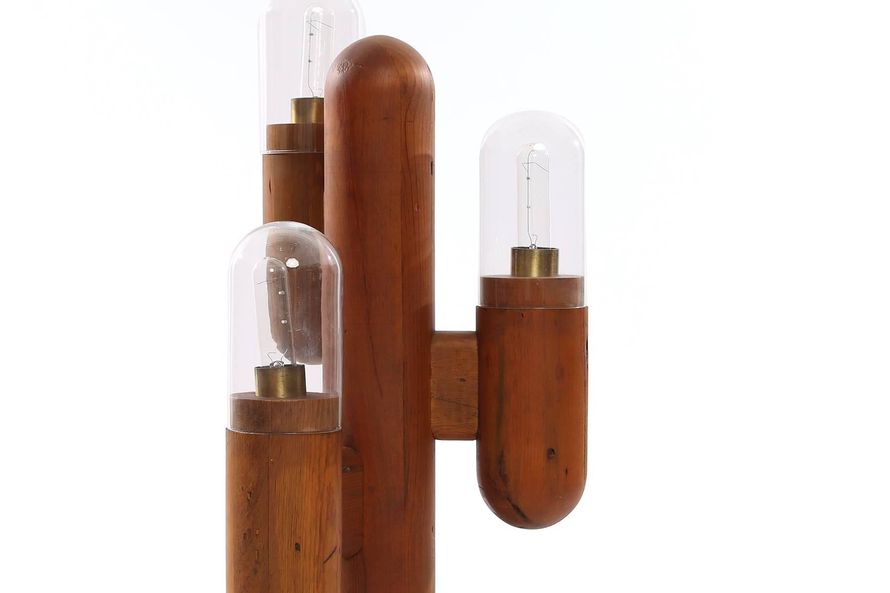 Striking wood and glass cactus lamp early, circa 1970s. This all original example will bring southwest swagger to wherever you are geographically.
