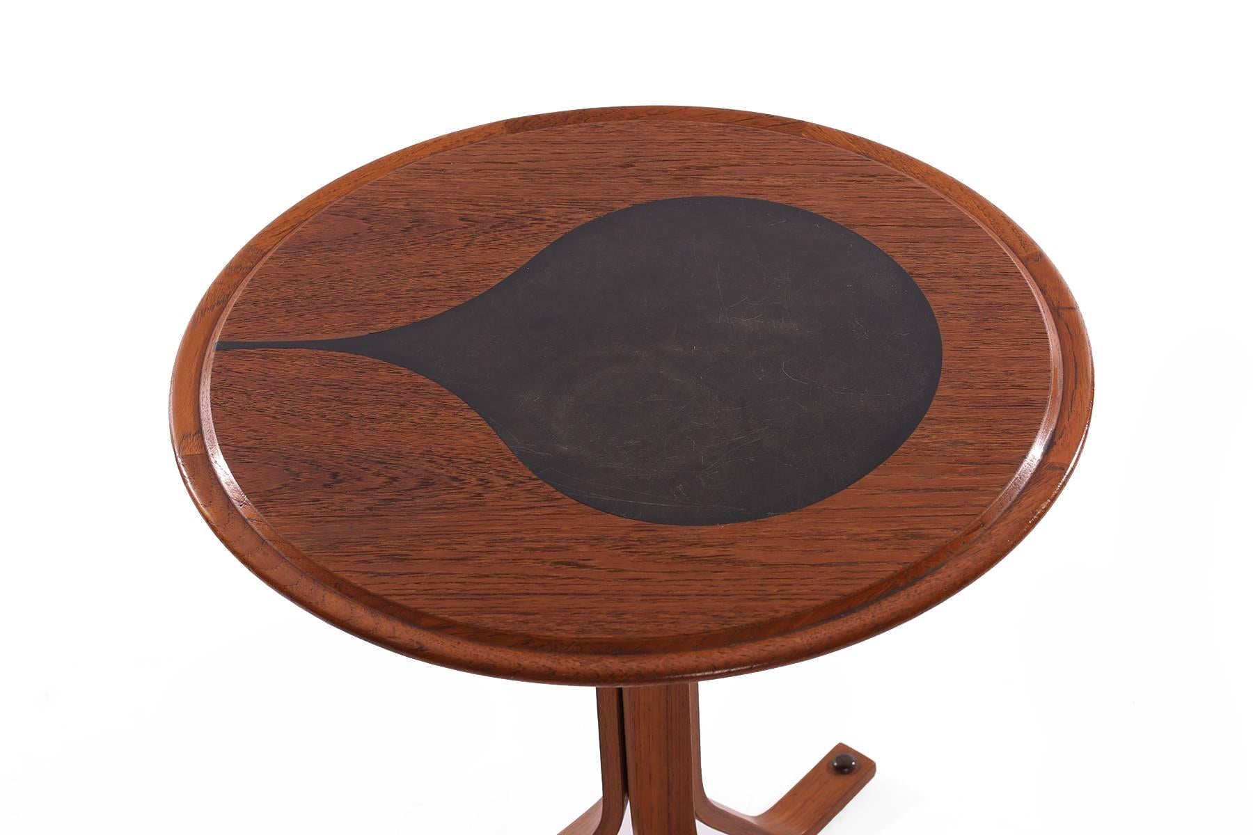 Teak and laminate side table by Selig, circa mid-1960s. This all original example has bentwood solid teak legs with inset solid teak top.