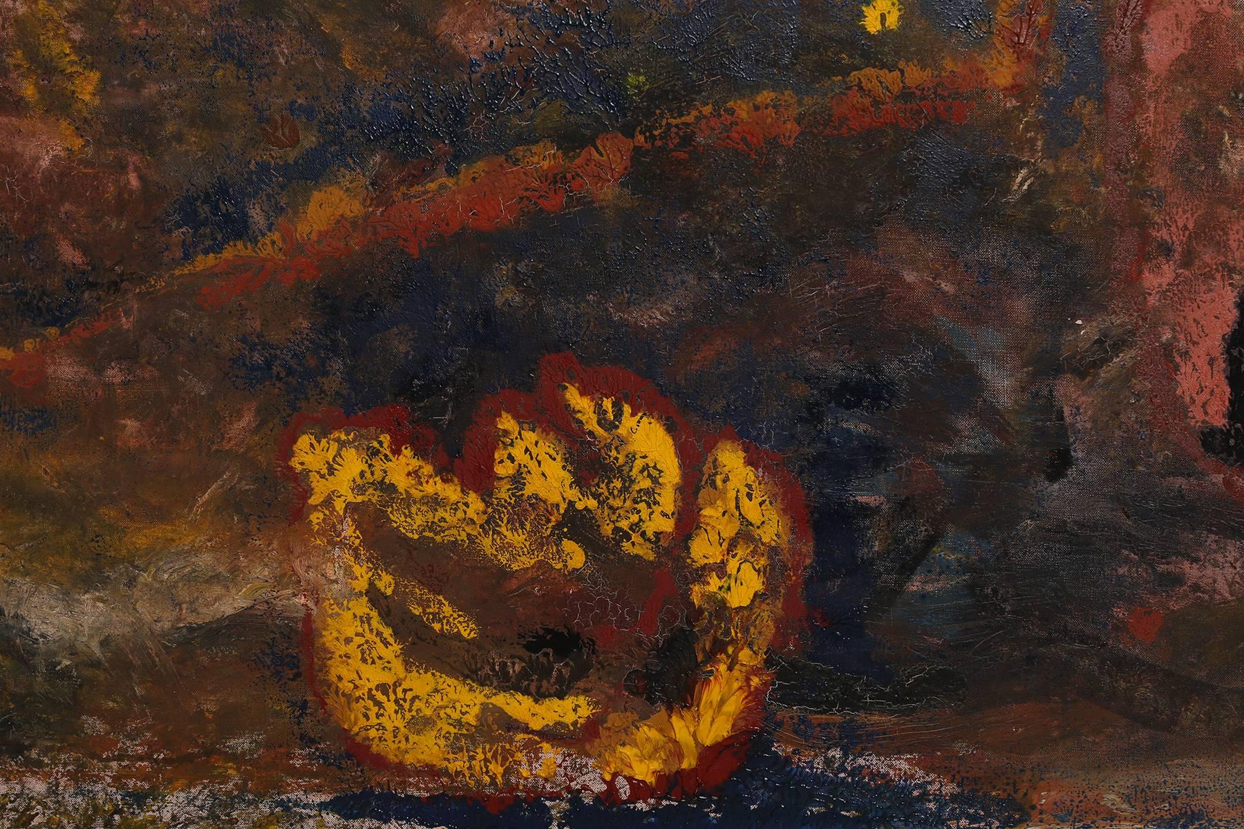 Textured abstract oil painting by Steven Sles, circa early 1960s. Sles was an accomplished artist who exhibited internationally and is in permanent private and museum collections. He had cerebral palsy and taught himself how to paint with his mouth.