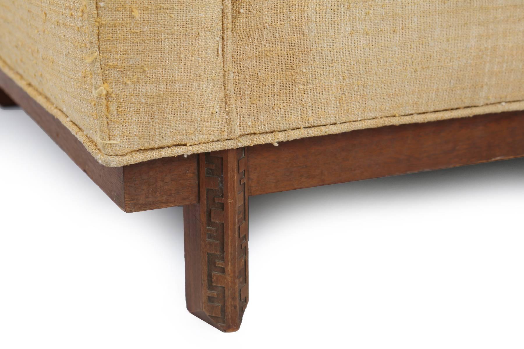Rare Frank Lloyd Wright for Heritage Henredon 'Taliesin' sectional sofa, circa mid-1950s. This all original example has solid mahogany legs and stretchers with the iconic Taliesin detailing. This can be used as one sofa or split apart into two