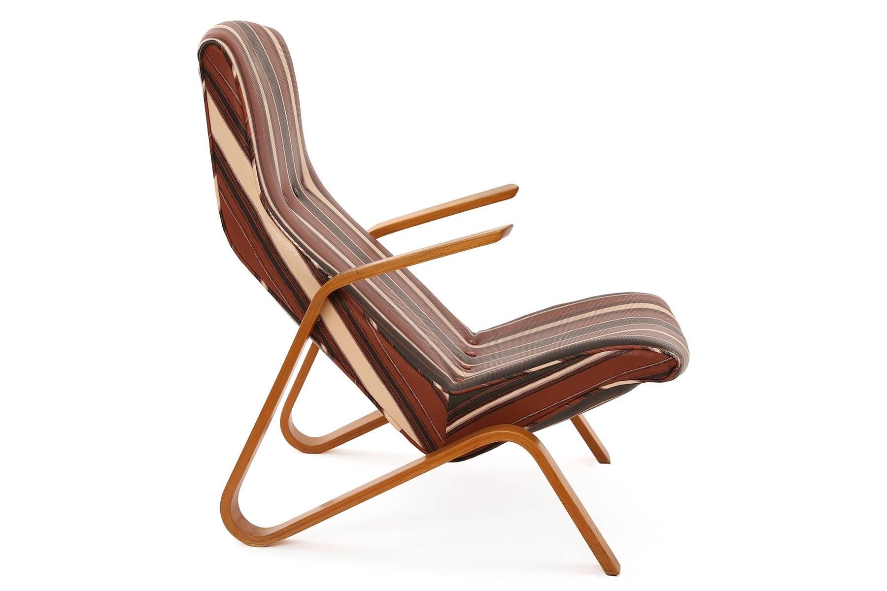 Eero Saarinen for Knoll Grasshopper chairs, circa early 1950s. These fabulous all original examples are upholstered in their original copper black and off-white striped textile. Original finish to the bentwood legs and arms as well. Price listed is
