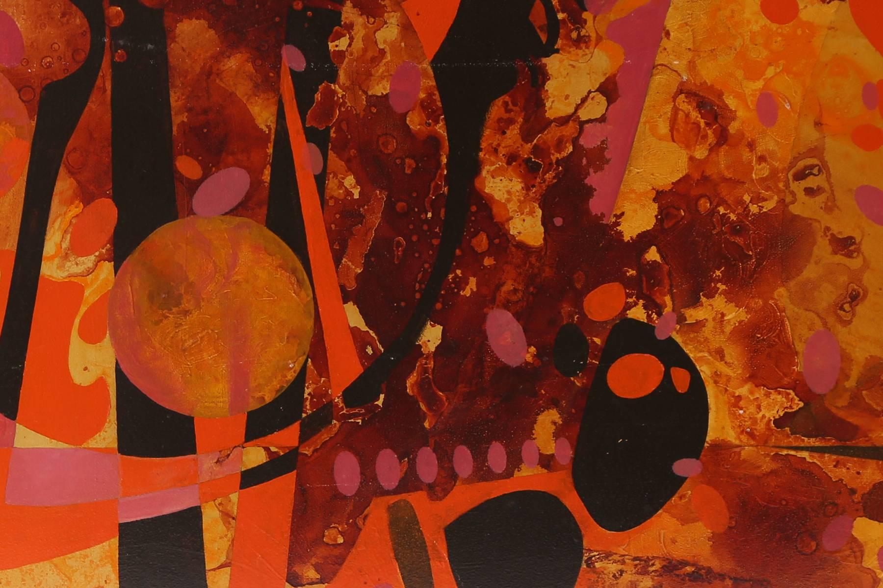 Grande peinture acrylique sur panneau de Jim Proctor, vers la fin des années 1960. Cet exemple présente des teintes vibrantes d'orange, de jaune et de noir, ainsi qu'une profondeur de composition et une grande fluidité. Elle a été achetée