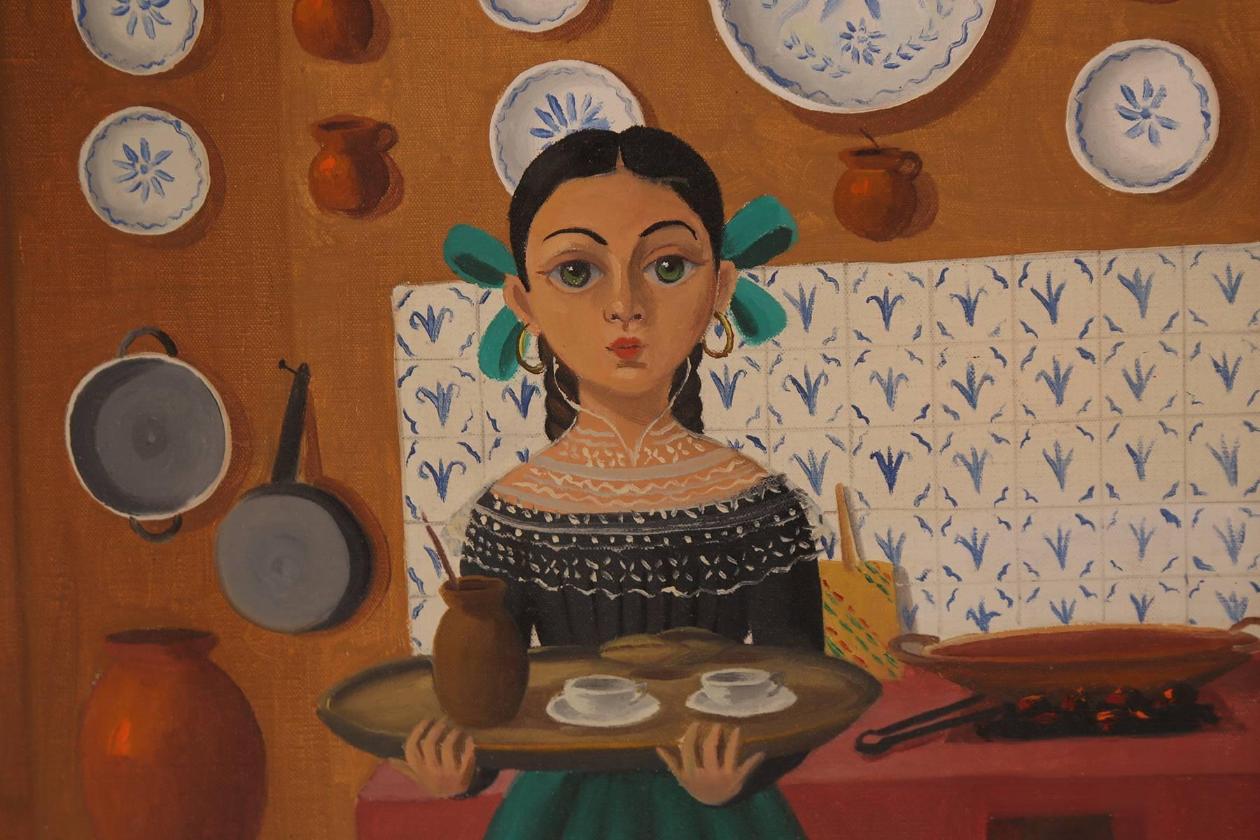 Oil on board painting signed Lois circa early 1960s. This work was purchased in Mexico City in the early 1960s and portrays a fabulously period correct image of a woman in her kitchen.
