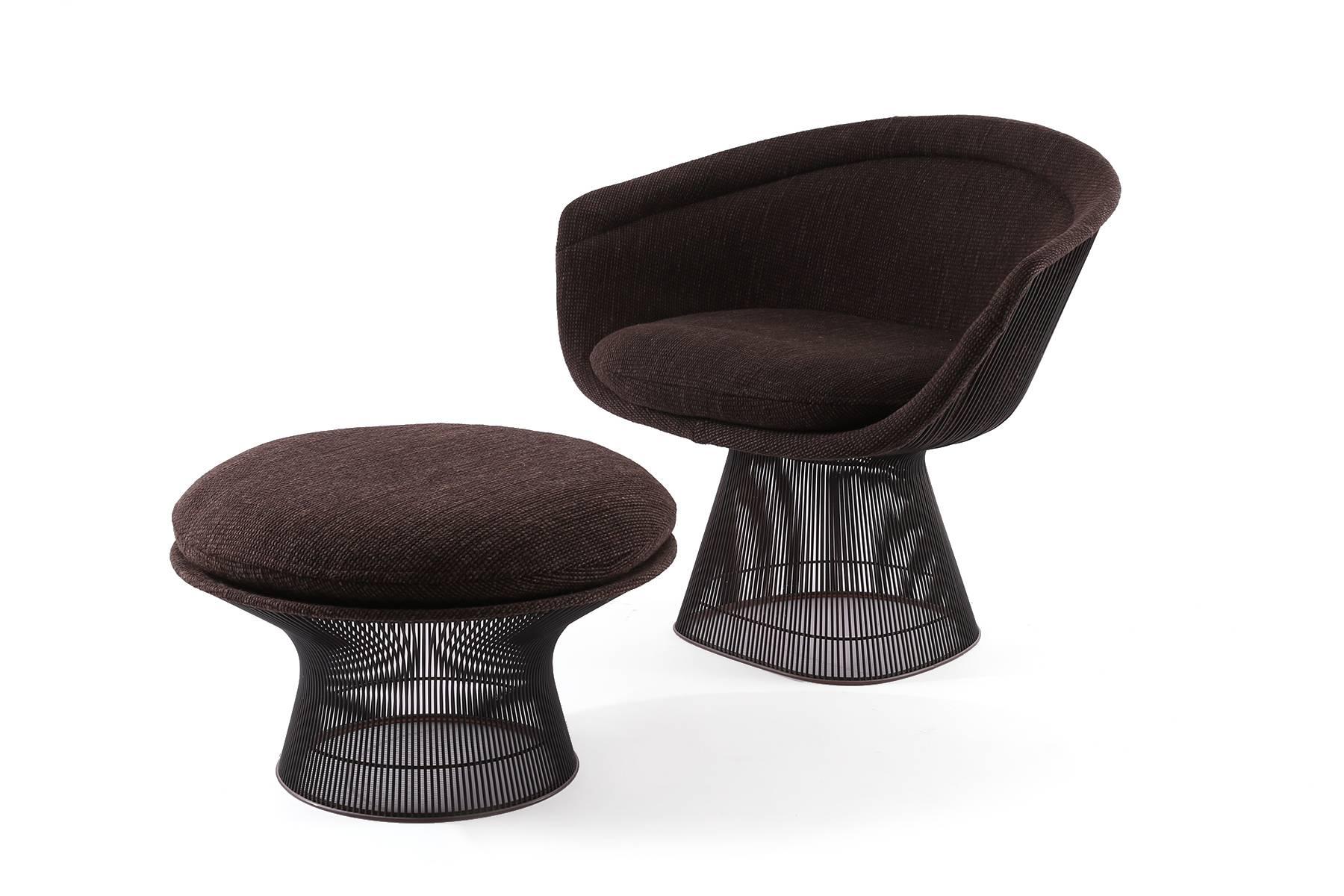 Three Warren Platner for Knoll bronze lounge chairs and one ottoman, circa late 1960s. These all original examples are upholstered in Knoll cato upholstery. One is mustard, one cream the other a deep brown. They all are the more desirable bronze