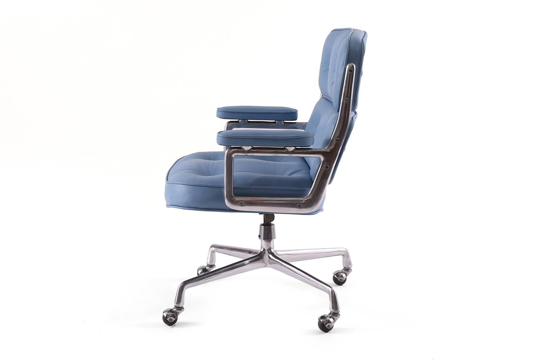 Charles and Ray Eames for Herman Miller leather 'Time Life' chair circa early 1970s. This stunning example has been newly upholstered in a supple robin's egg blue leather and the steel arms base and accents impeccably polished. Measures: Arm height