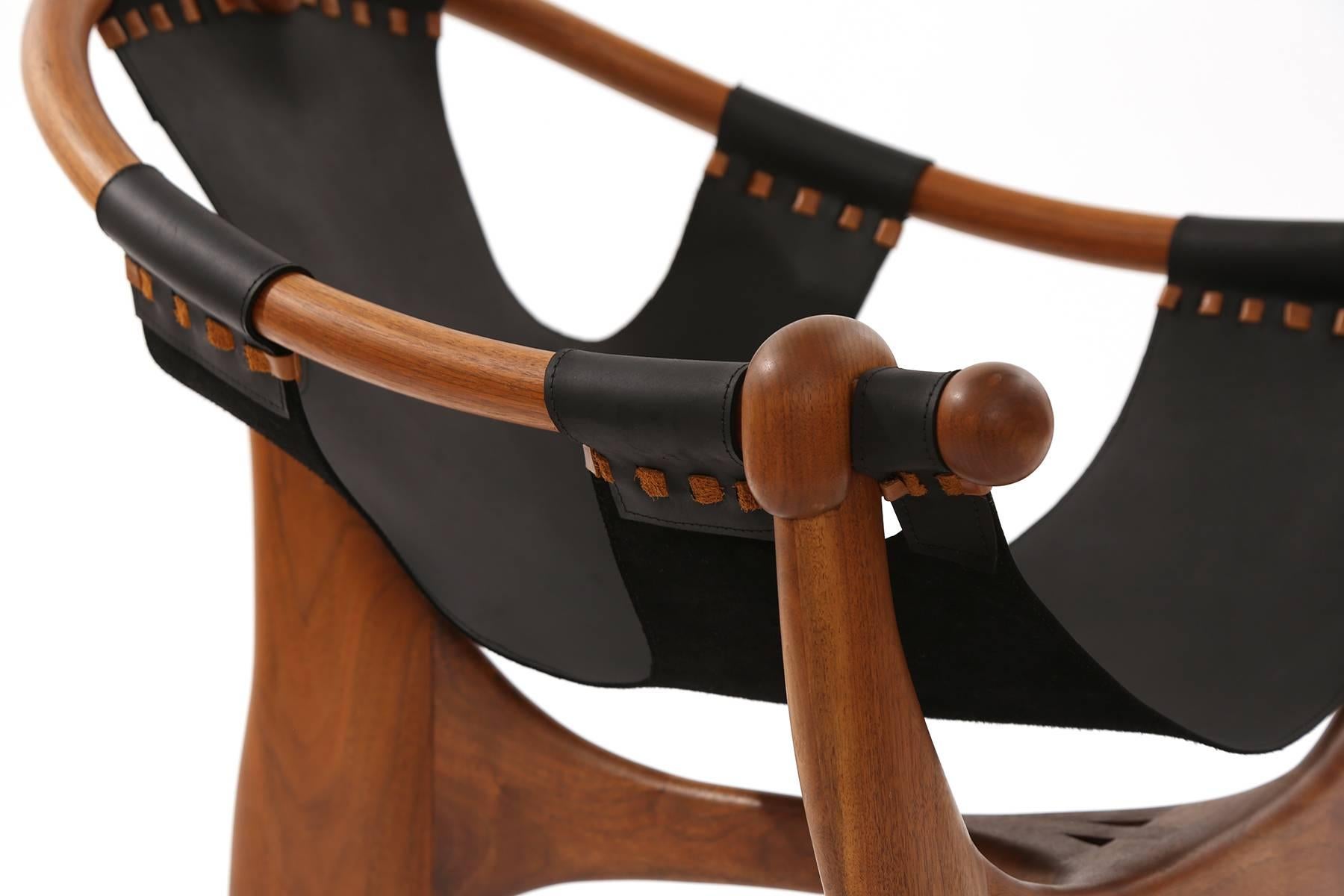 American Esther Hughes Walnut and Black Leather 1970s Sling Chair