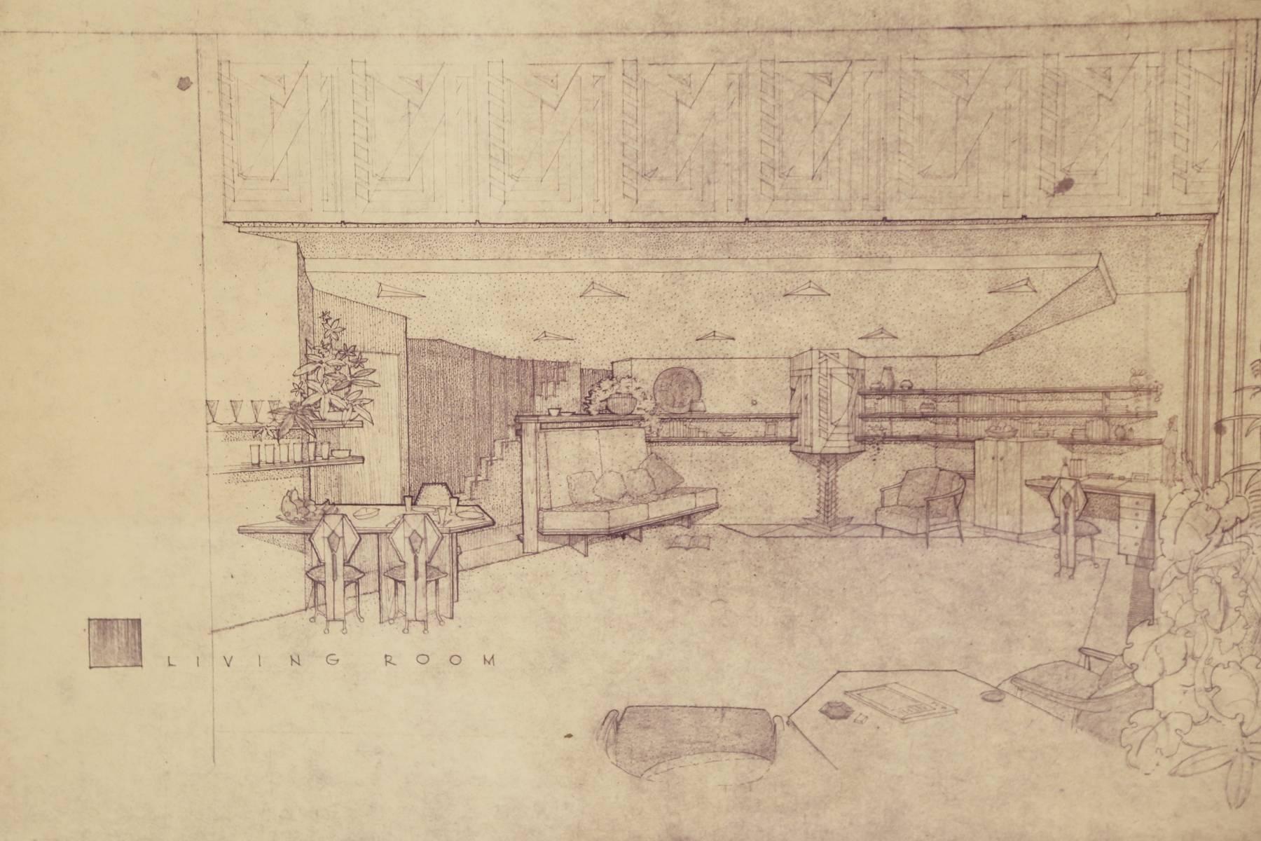 Frank Lloyd Wright blue line prints of a vignette from the Price Tower and an original chair design. These are documented and were purchased from an architect who worked hand in hand with Wright in his latter years. Price listed is for both prints