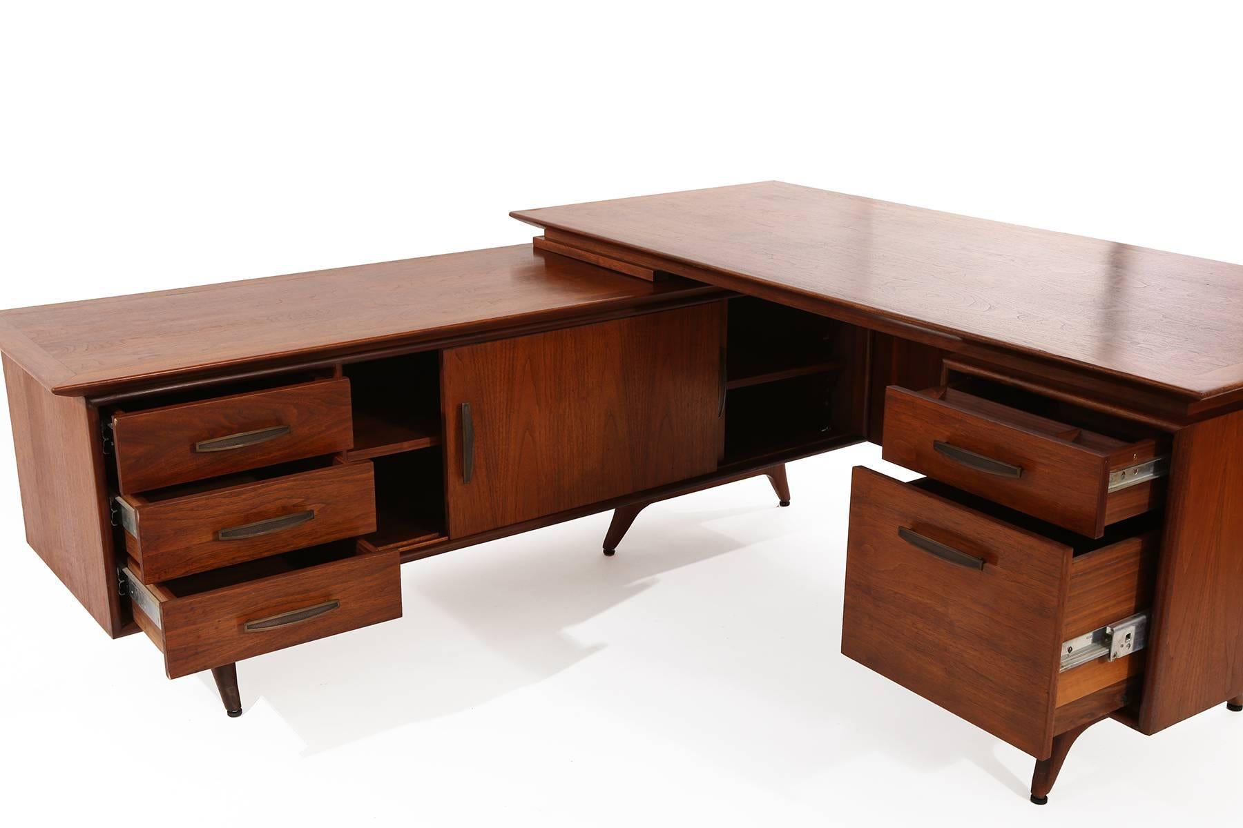 Mid-20th Century Sculptural Walnut and Brass Desk and Return by Modeline