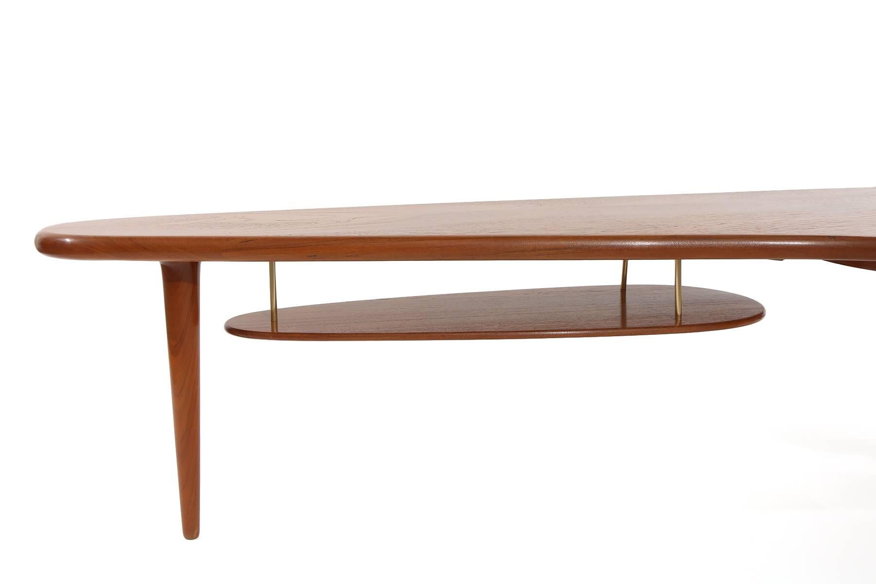 Danish Solid Teak and Brass Free-Form Cocktail Table