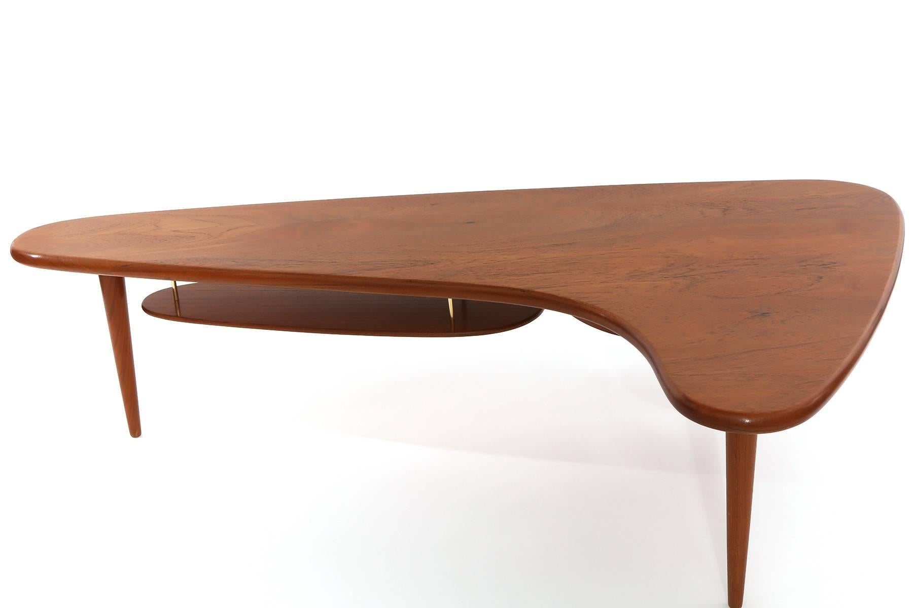 Solid Teak and Brass Free-Form Cocktail Table In Excellent Condition In Phoenix, AZ