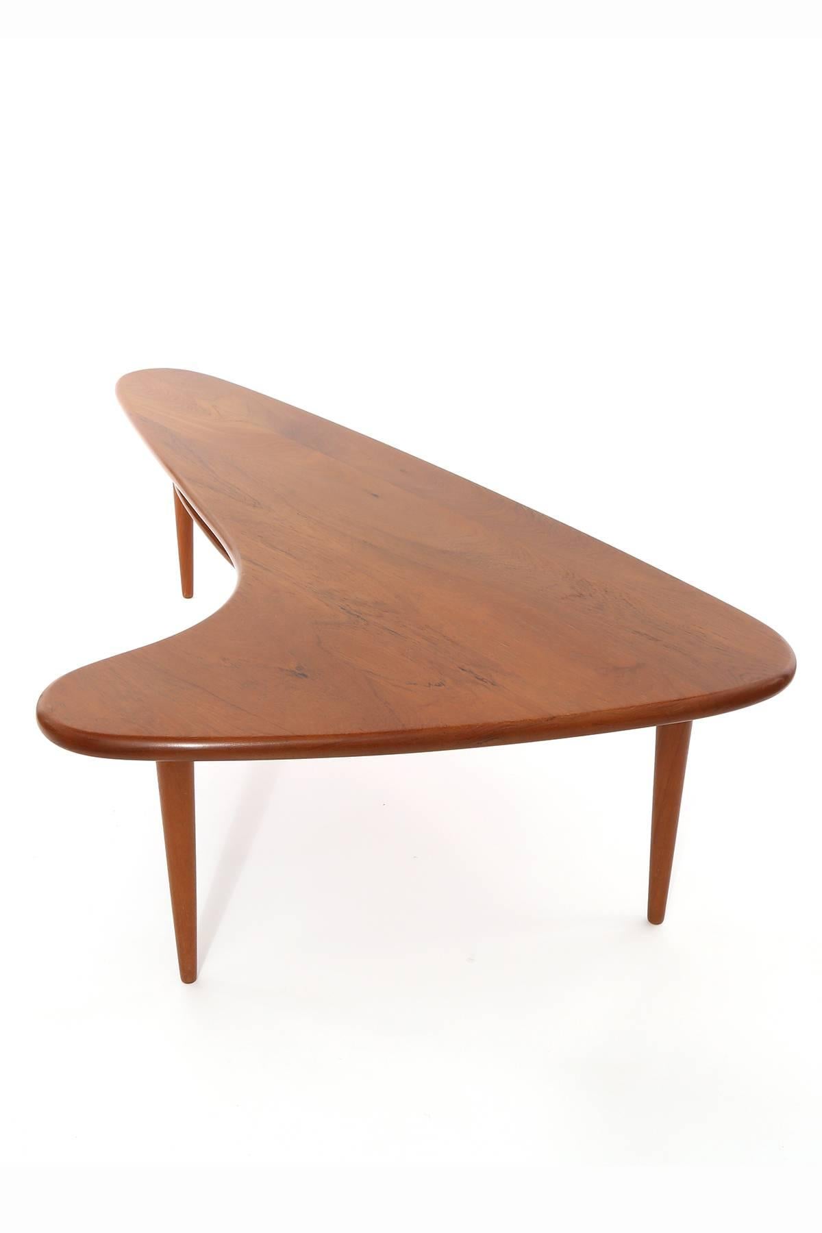 Mid-20th Century Solid Teak and Brass Free-Form Cocktail Table