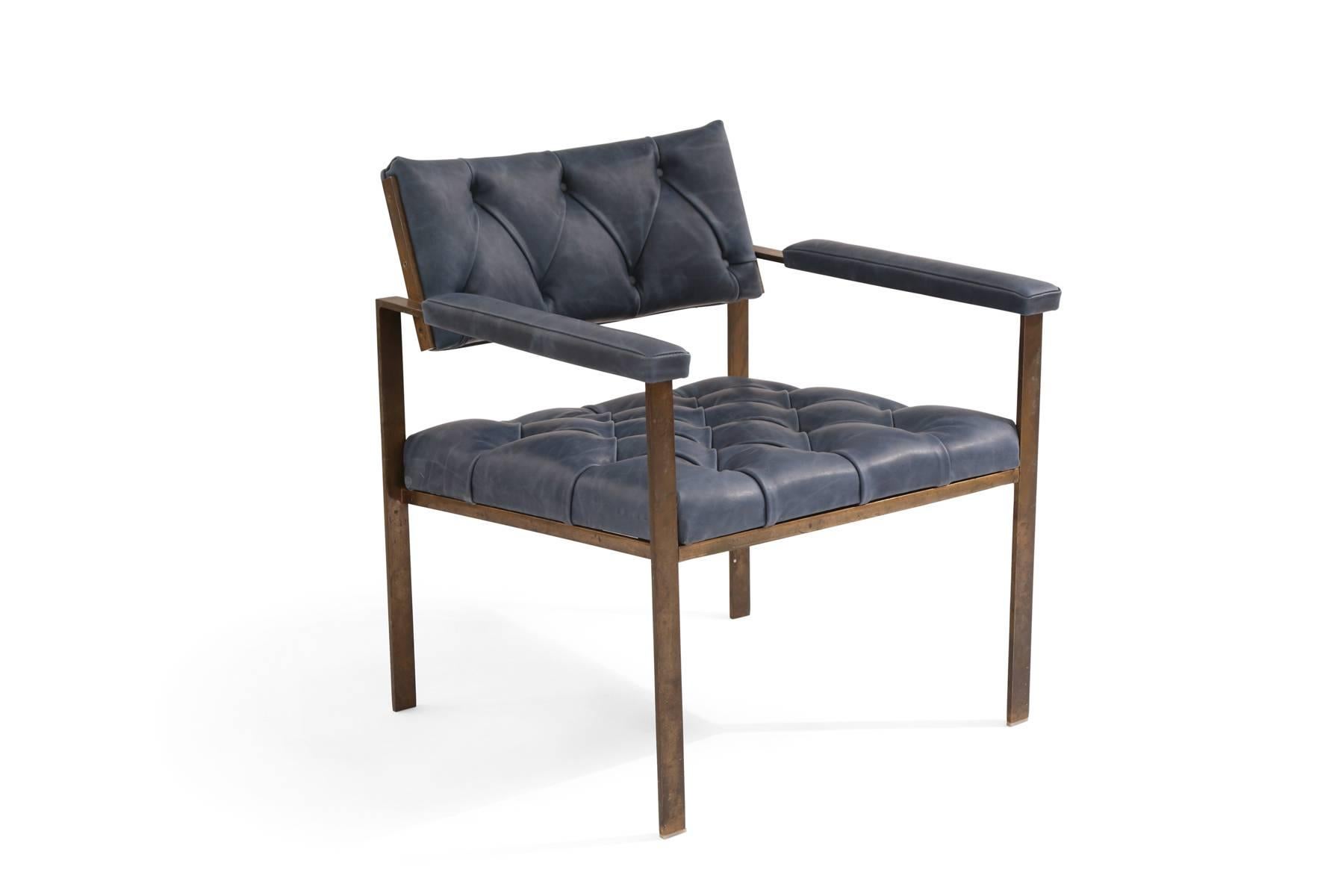 Pair of Harvey Probber bronze and leather armchairs, circa mid-1960s. These stunning examples have patinated bronze frames and have been newly upholstered in a diamond tufted perfectly broken in blue leather. Price listed is for the pair.