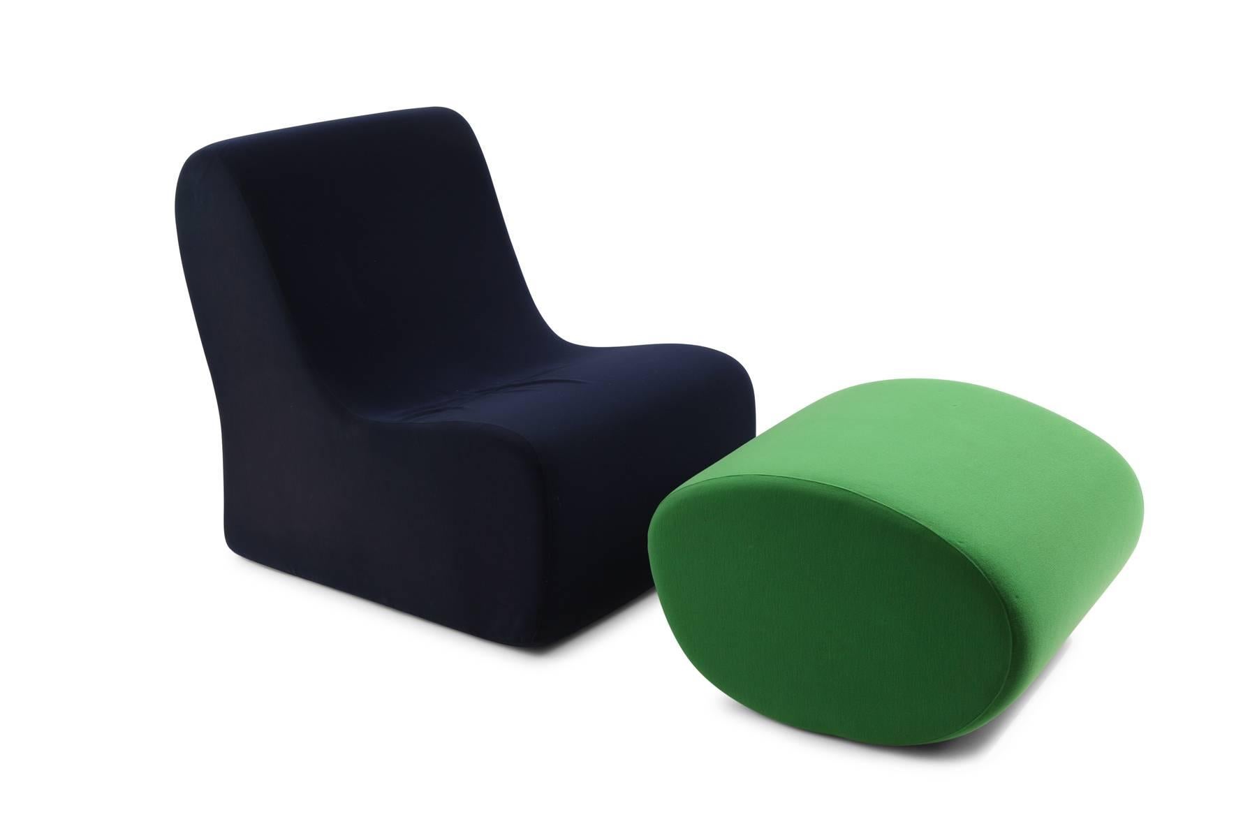 Rare Malitte sofa by Roberto Matta for Knoll circa late 1960s. This example is all original in its navy and vibrant green. This iconic seating arrangement has infinite possibilities and is composed of a two seater bench three chairs and an ottoman.