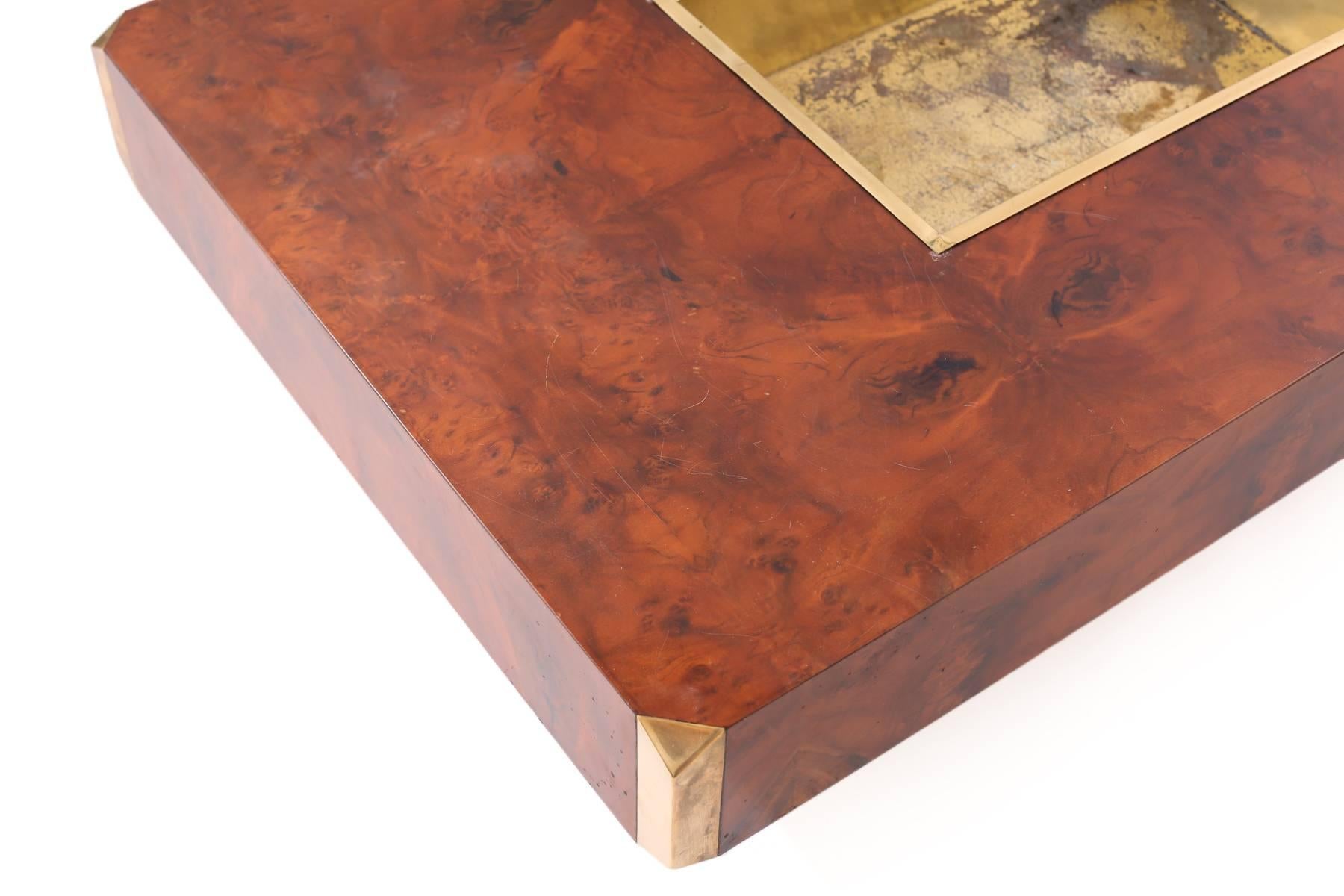 Italian Willy Rizzo Burl and Patinated Brass Cocktail Table