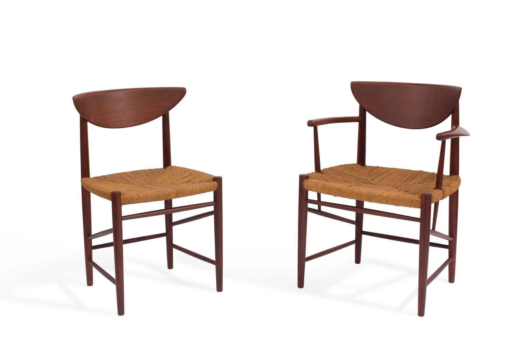 Set of six Peter Hvidt and Orla Mølgaard-Nielsen model 317 dining chairs, circa late 1950s. These all original examples have a rich deep color to the teak frames and the cord seats are in excellent original condition as well.
Price listed is for