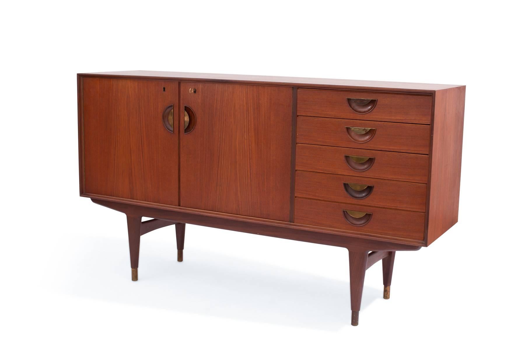 Midcentury Danish Teak & Brass Credenza In Good Condition For Sale In Phoenix, AZ