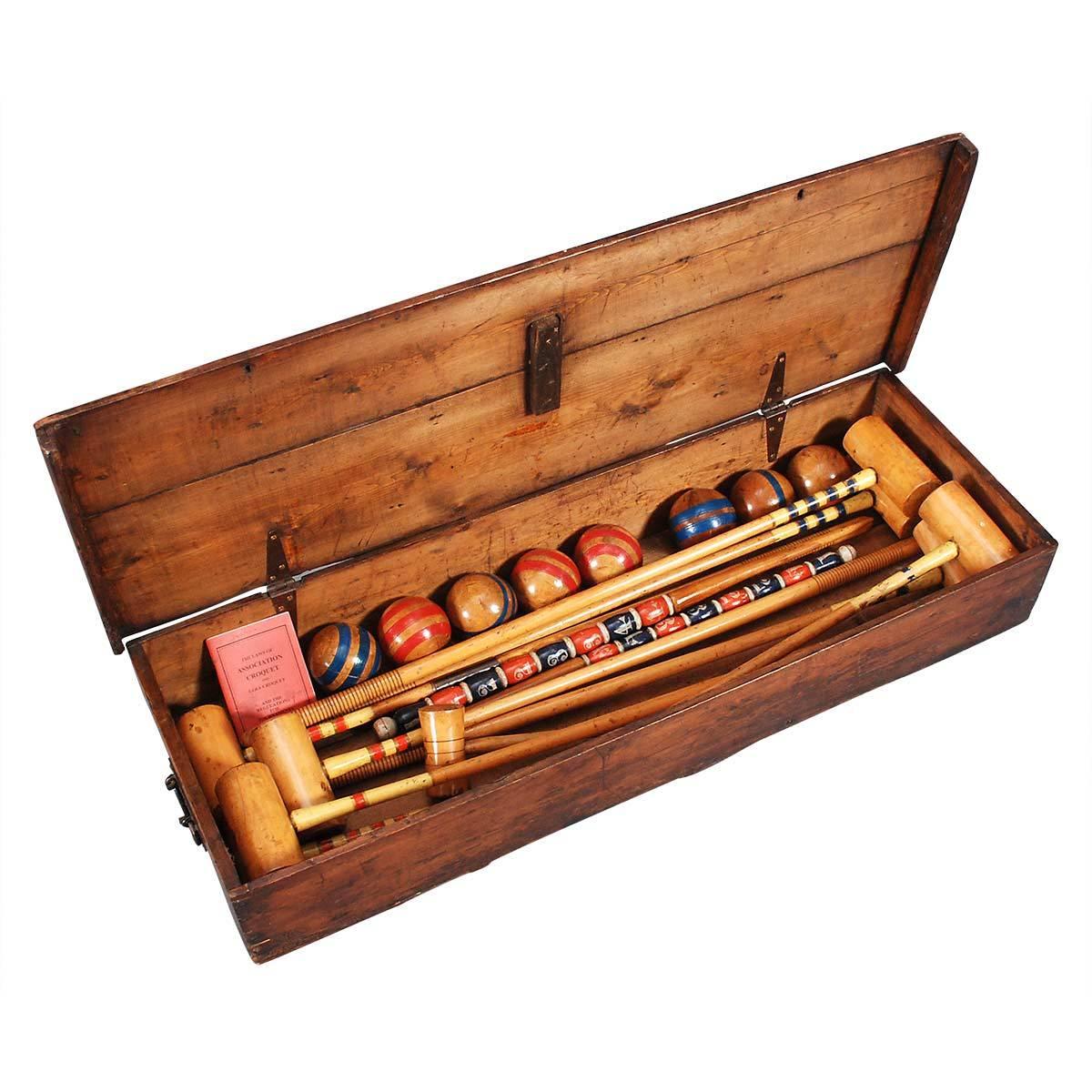 English Eight Mallet Croquet Set with the Original Mahogany Stand For Sale