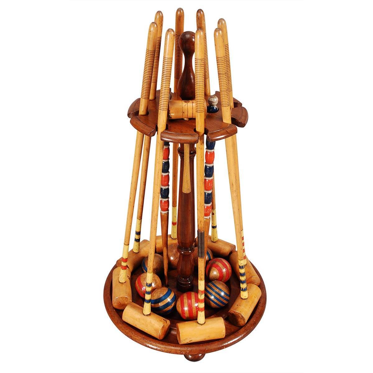 Eight Mallet Croquet Set with the Original Mahogany Stand For Sale