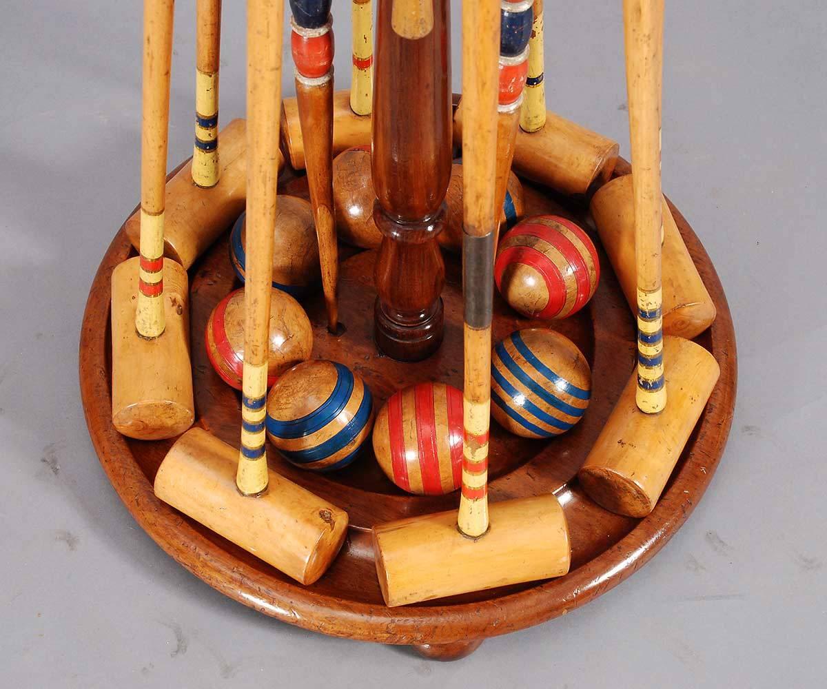 Eight Mallet Croquet Set with the Original Mahogany Stand For Sale 1
