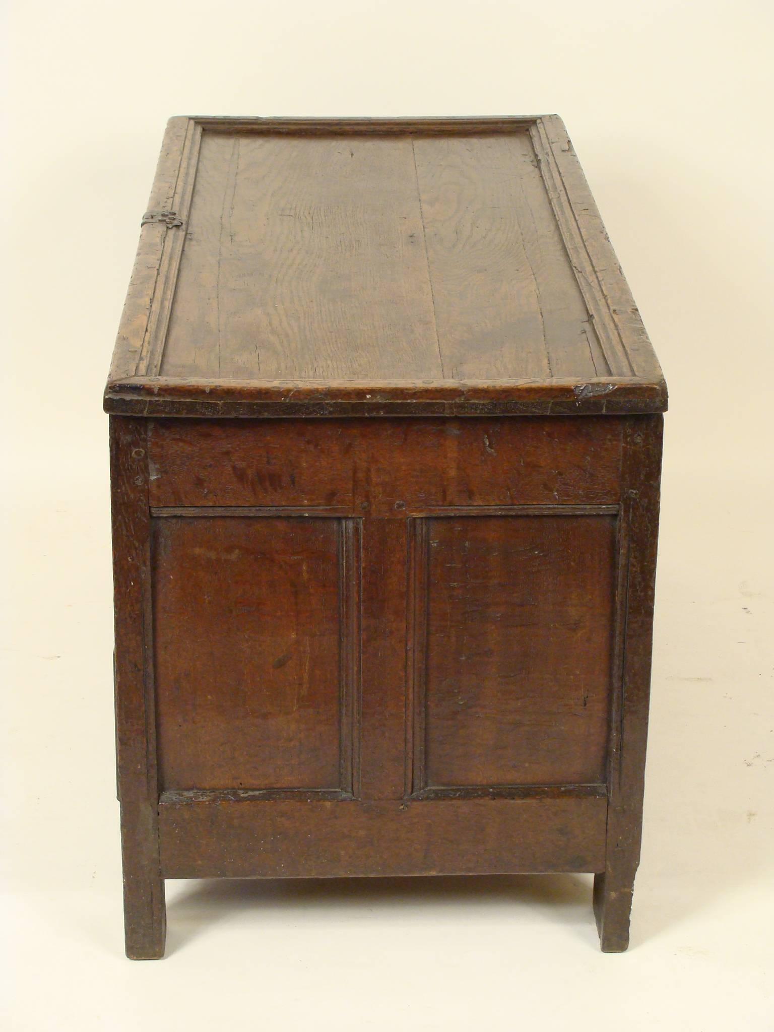 18th century English oak trunk. This trunk has nice color and old iron hardware.