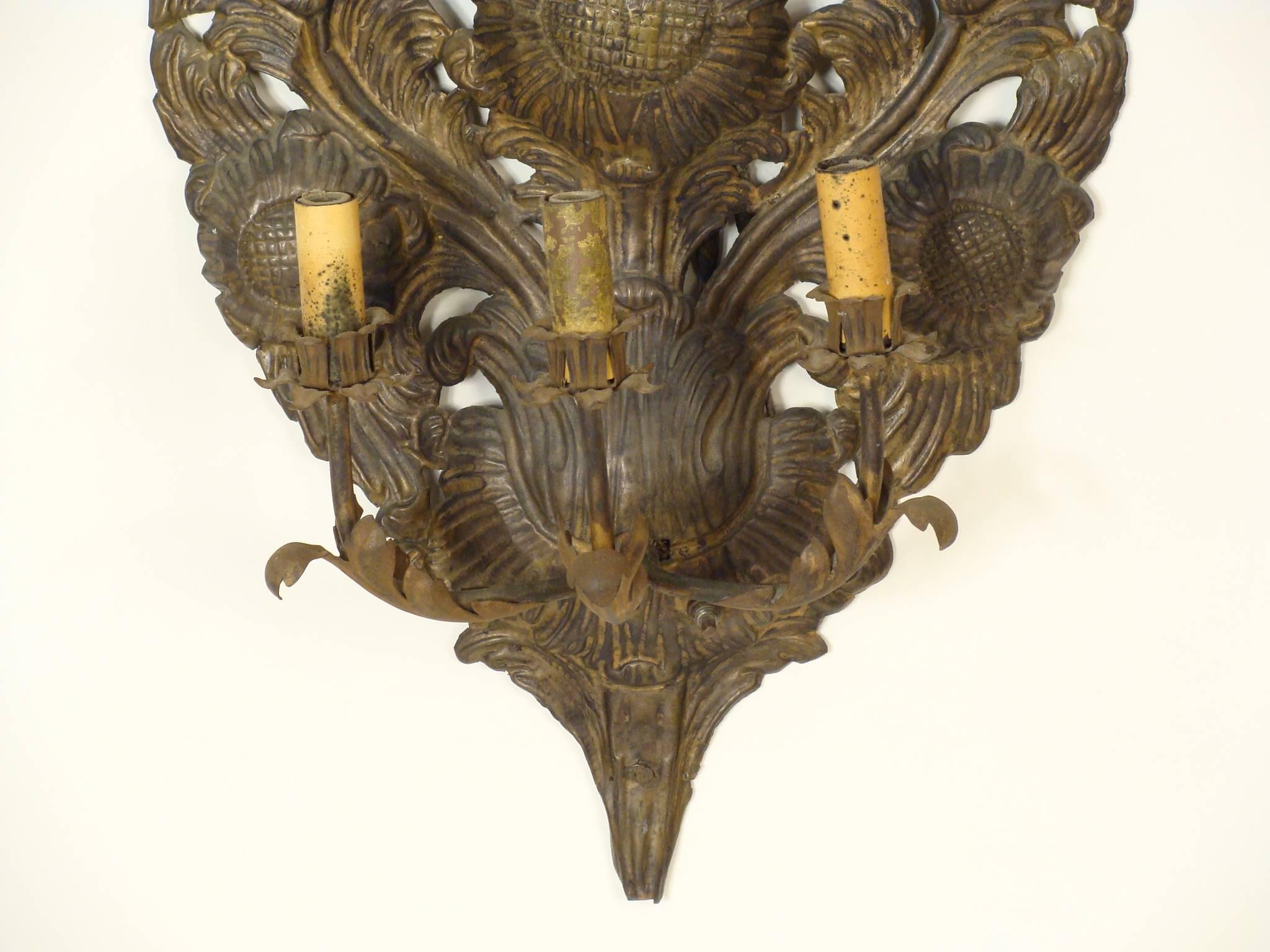 Late 19th Century Brass Repousse Wall Sconces